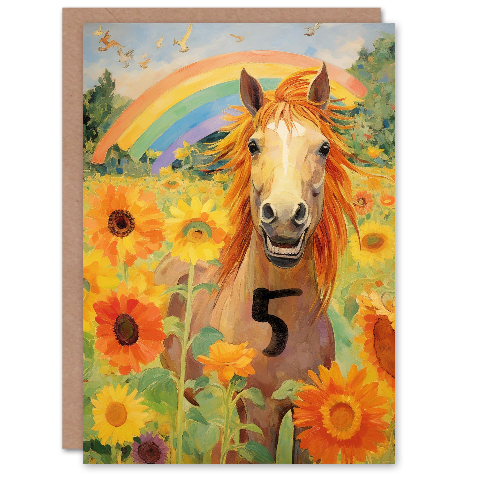 Artery8 5th Birthday Greeting Card Rainbow Horse Sunflowers Kids Age 5 Year Old Child