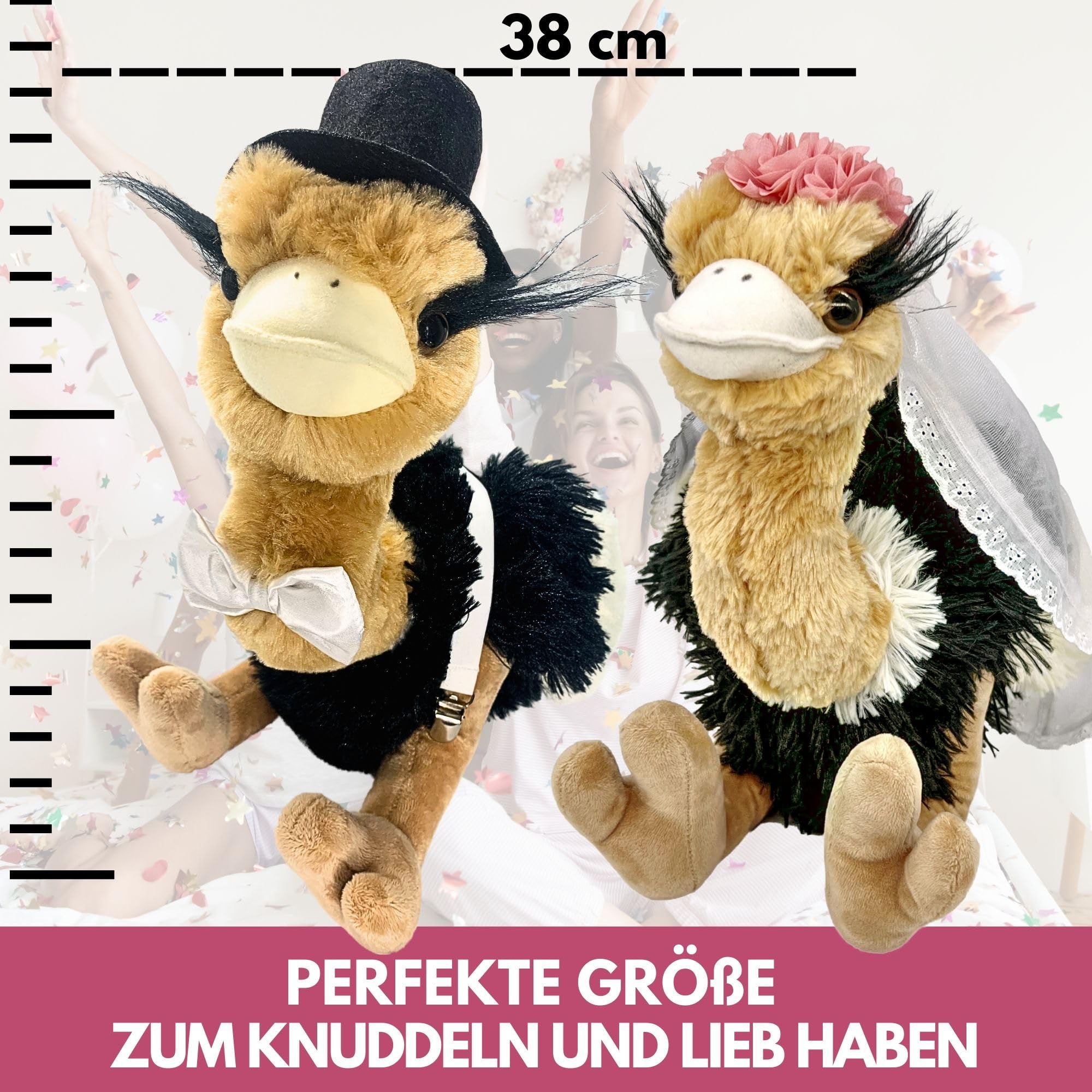 hM - Hochzeitspaar Premium 38cm – Wurfstrauß Plüschtier - Vogel Strauß Kuscheltiere - Wurfstrauss für die Hochzeit oder als Braut und Junggesellinnen Geschenk - JGA oder Hochzeitsgeschenk