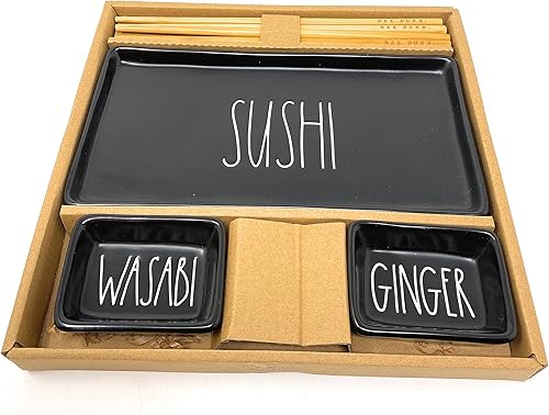 Rae Dunn "Plato de sushi, cuencos de salsa Wasabi y jengibre y juego de palitos de cerámica negra