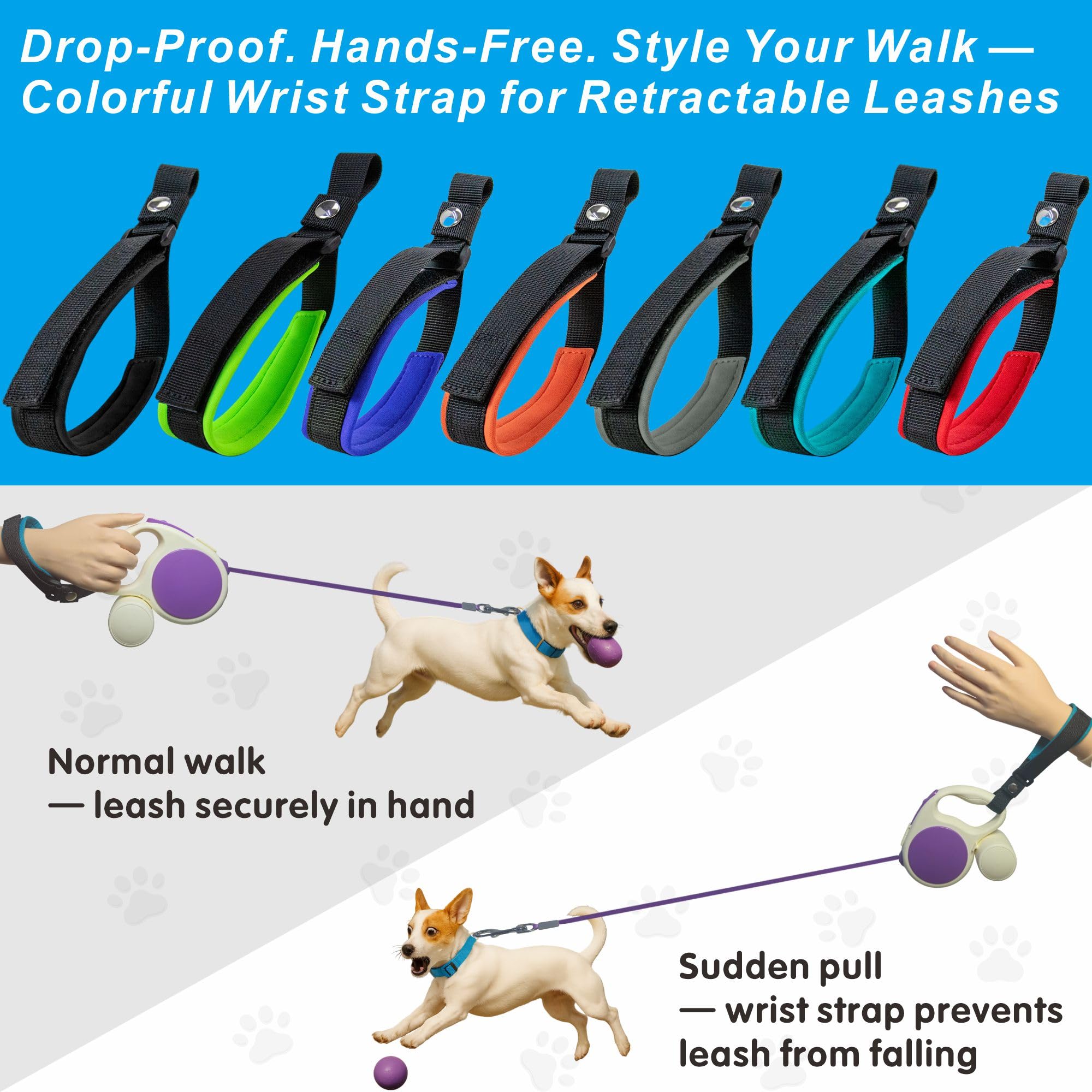 Adjustable Anti-Pet Escape Wrist Strap for Retractable Dog Leash, Soft Neoprene Lining, Includes Detachable Dog Hook for Short-Distance Control ?Azure Blue