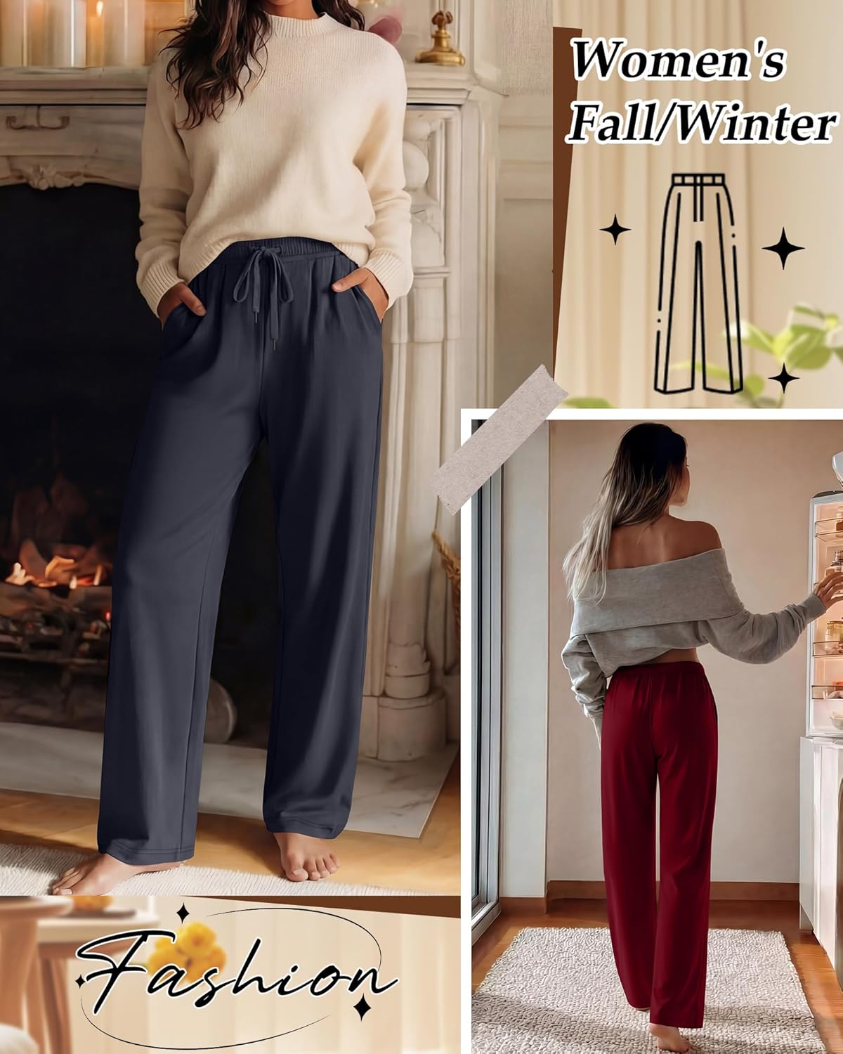 4 Pack Women's Lounge Pants Wide Leg Loose Casual Yoga Pants Elastic Waist Drawstring Sweatpants with Pockets - Image 2