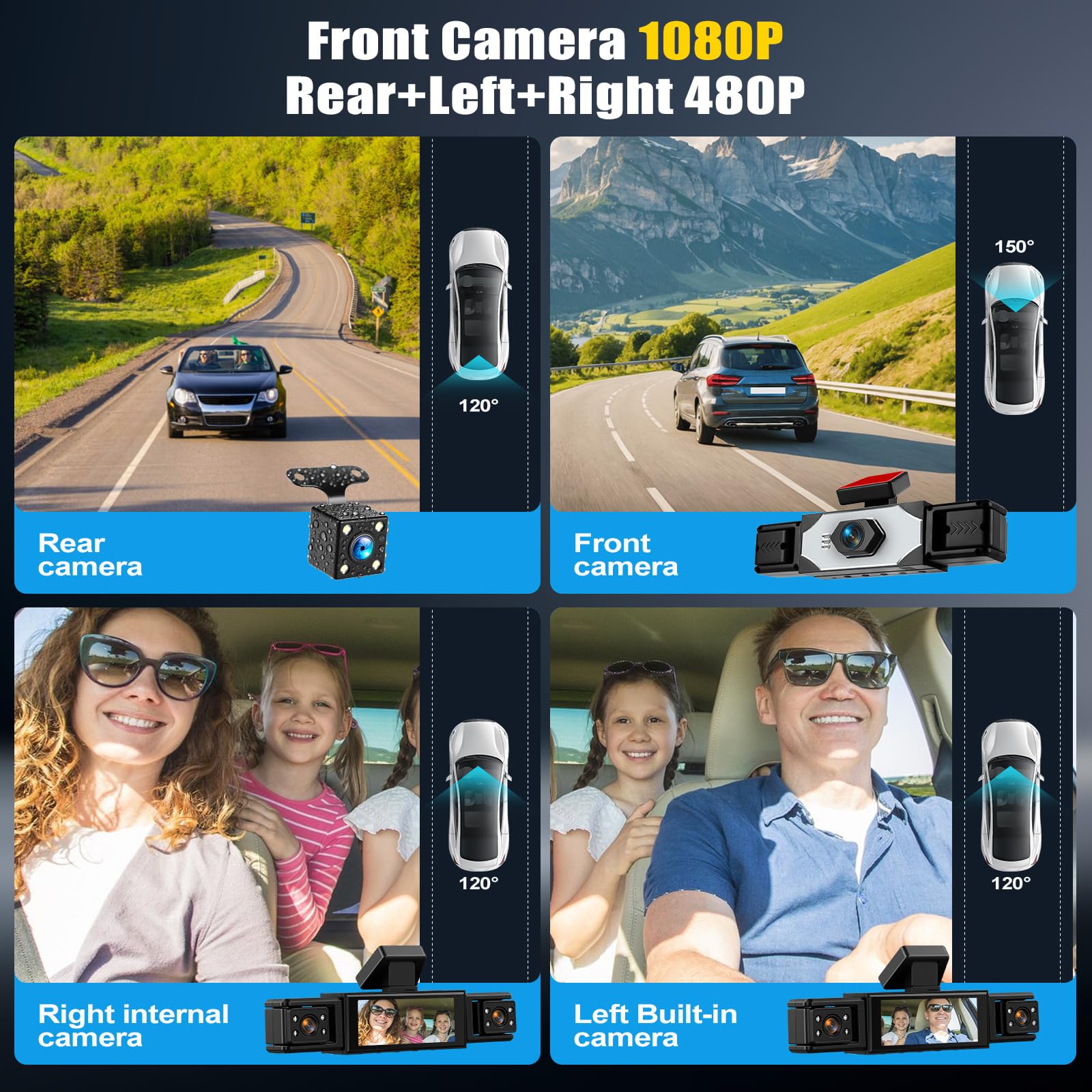 Cámara para Coche, 4 Canales Frontal Trasera Izquierda y Derecha 1080P HD, Protección Integral de 360°, Grabación de vídeo de Seguridad para Coche, Visión Nocturna, Grabación en Bucle