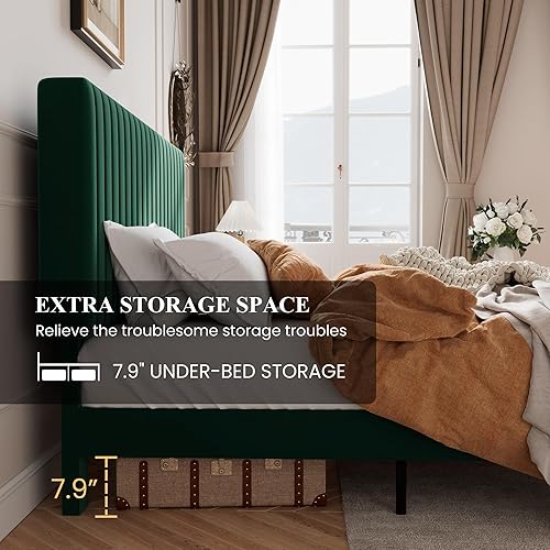 Miniatura 4 de SHA CERLIN Base de cama de plataforma tapizada completa con cabecera ajustable de tela de terciopelo capitoné de canal vertical, soporte de listones