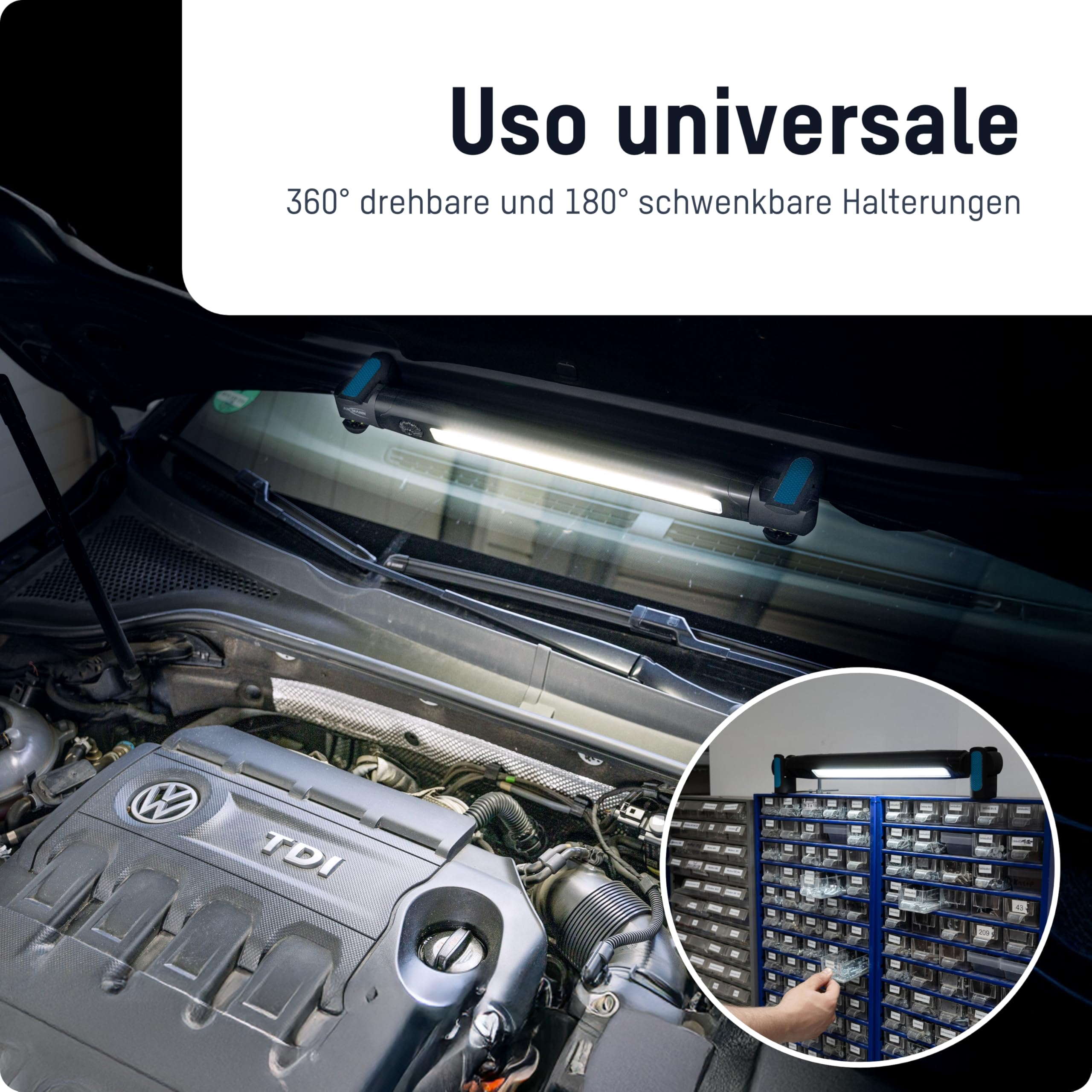 ANSMANN Luce da lavoro a LED, luce di ispezione ricaricabile con magnete e gancio, ricaricabile via USB, lampada da officina, torcia a LED, 3000lm e 8h di durata della luce, officina, automobile