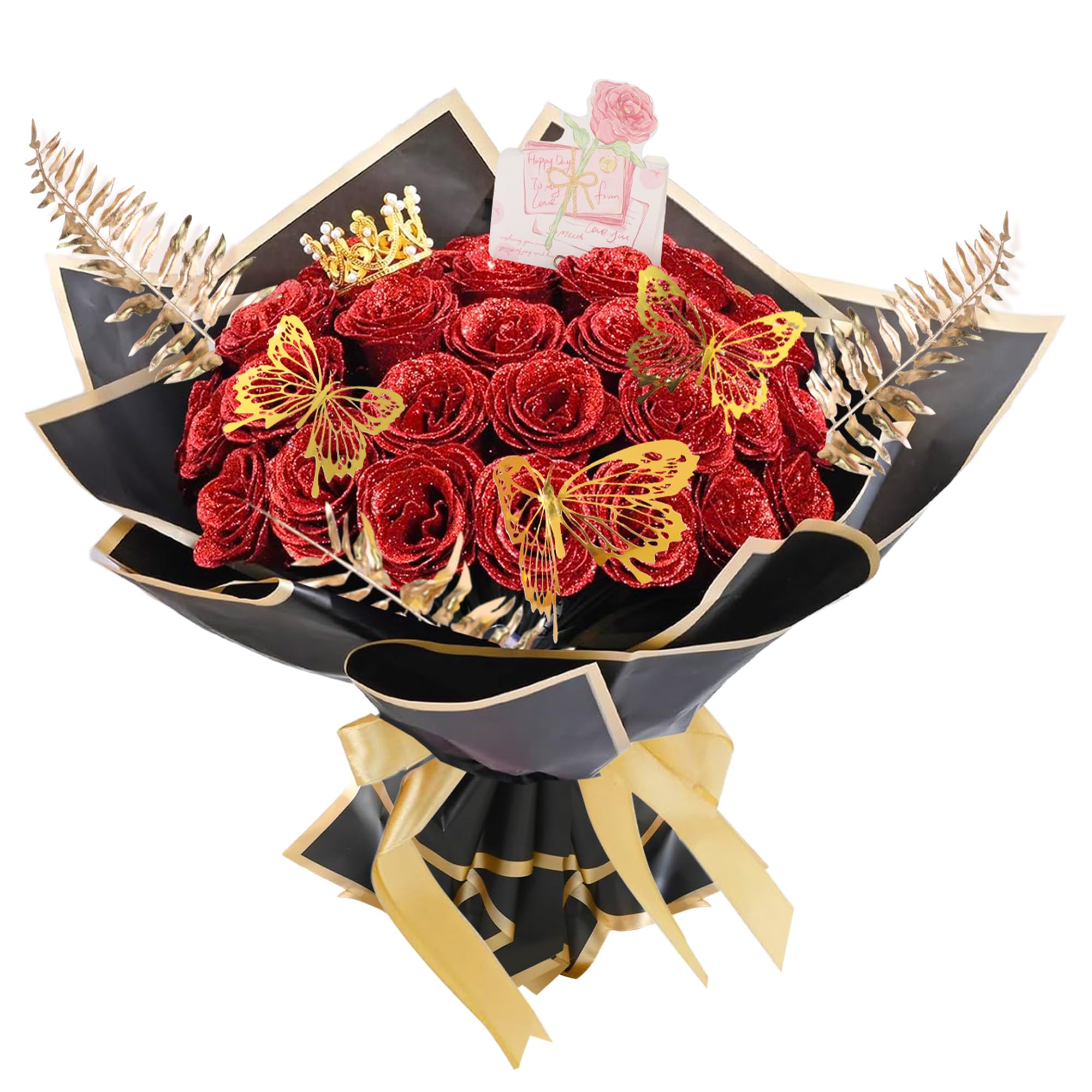 AIGOCITY 24 Pcs Glitter Roses Bouquet,Artificial Rose Bouquet,Sparkly Rose,DIY Fake Glitter Bouquets with Crown Card 3D Butterfly for Birthday Gifts Wedding Valentine's Day Mother's Day (Red)