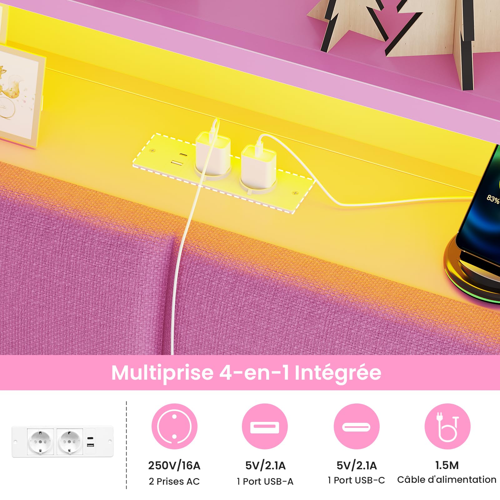 Brinlawb Lit Fille 90x190 cm avec Éclairage LED et Multiprise (2 Prises AC et 2 Ports USB) Cadre de Lit 90x190 avec Sommier Métal, Lit Enfant 90x190 cm, Facile à Assembler, Rose (Matelas Non Inclus)