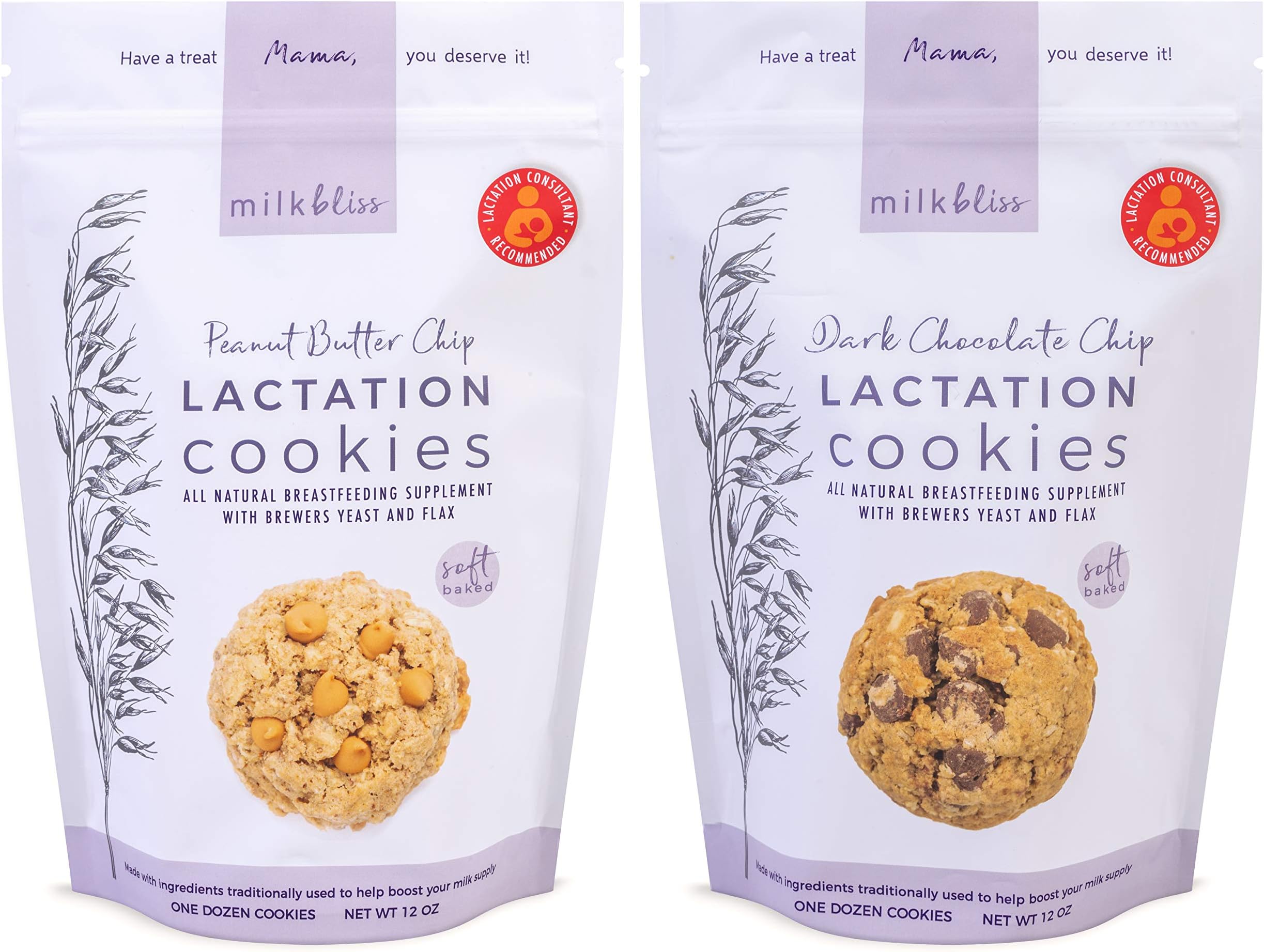 MilkBliss Soft Baked Lactation Cookies for Breastfeeding, All Natural and GMO Free Lactation Boosting Ingredients! Oats, Flaxseed, Brewers Yeast. 12 Count.