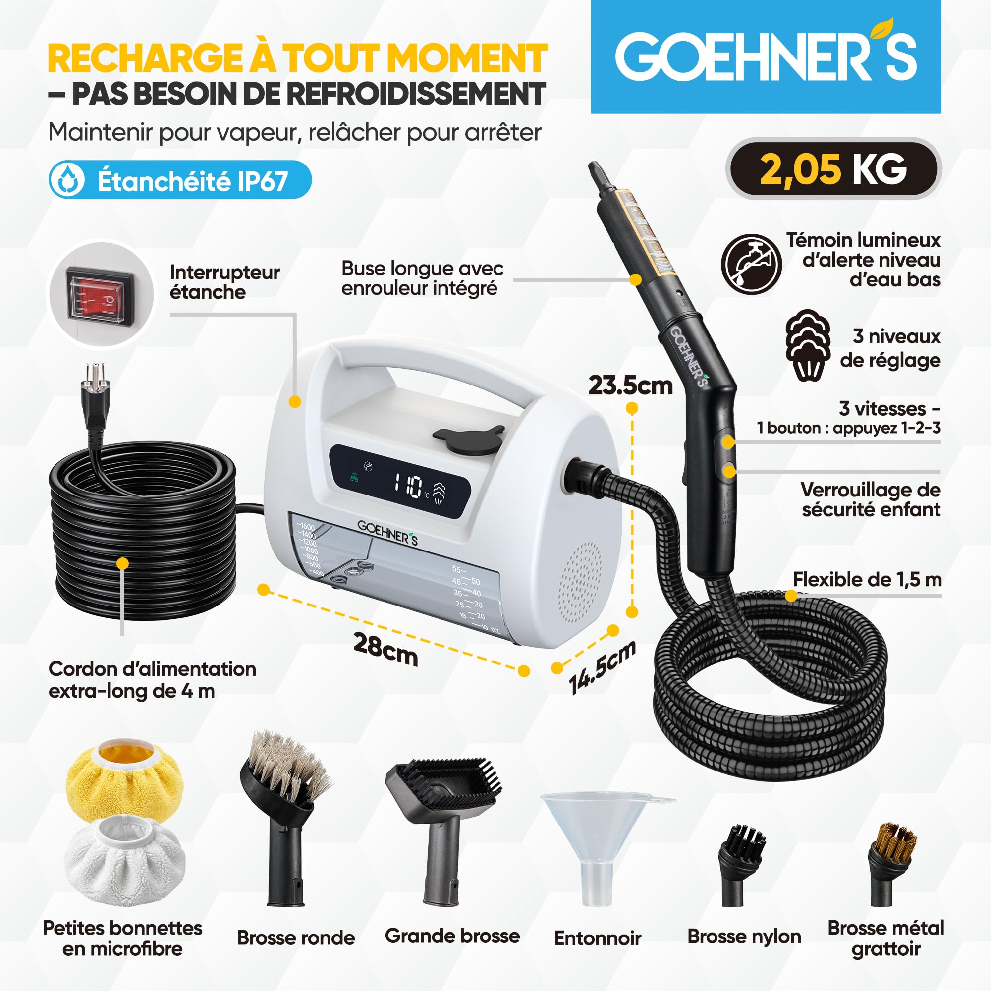 Nettoyeur Vapeur Haute Pression Portable, Appareil à Vapeur 110℃/3,5Bar pour la Maison, Chauffage Rapide 30s avec 3 Niveaux de Vapeur, Convient pour Carrelage, Cuisine, Salle de Bain et Voiture, Blanc