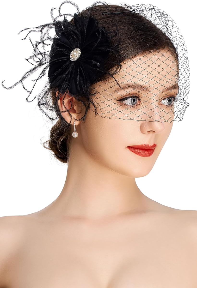 Feather Fascinator Hair Clip for Women with Rhinestone and Pearl