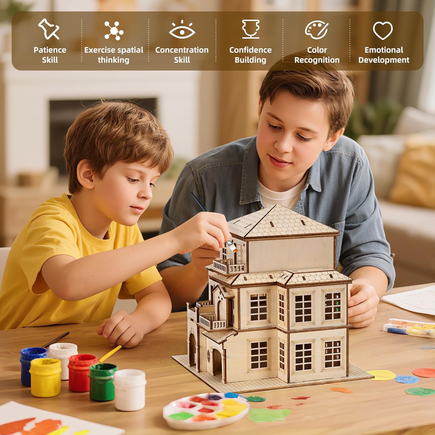 3D Wooden Puzzle for Adults, DIY Miniature House Kit, Villa Model House Building Crafts Set, Doodle Color, Rustic Style, Home Decor Display, Creative Craft Gift for Friends & Teens, Three Layers