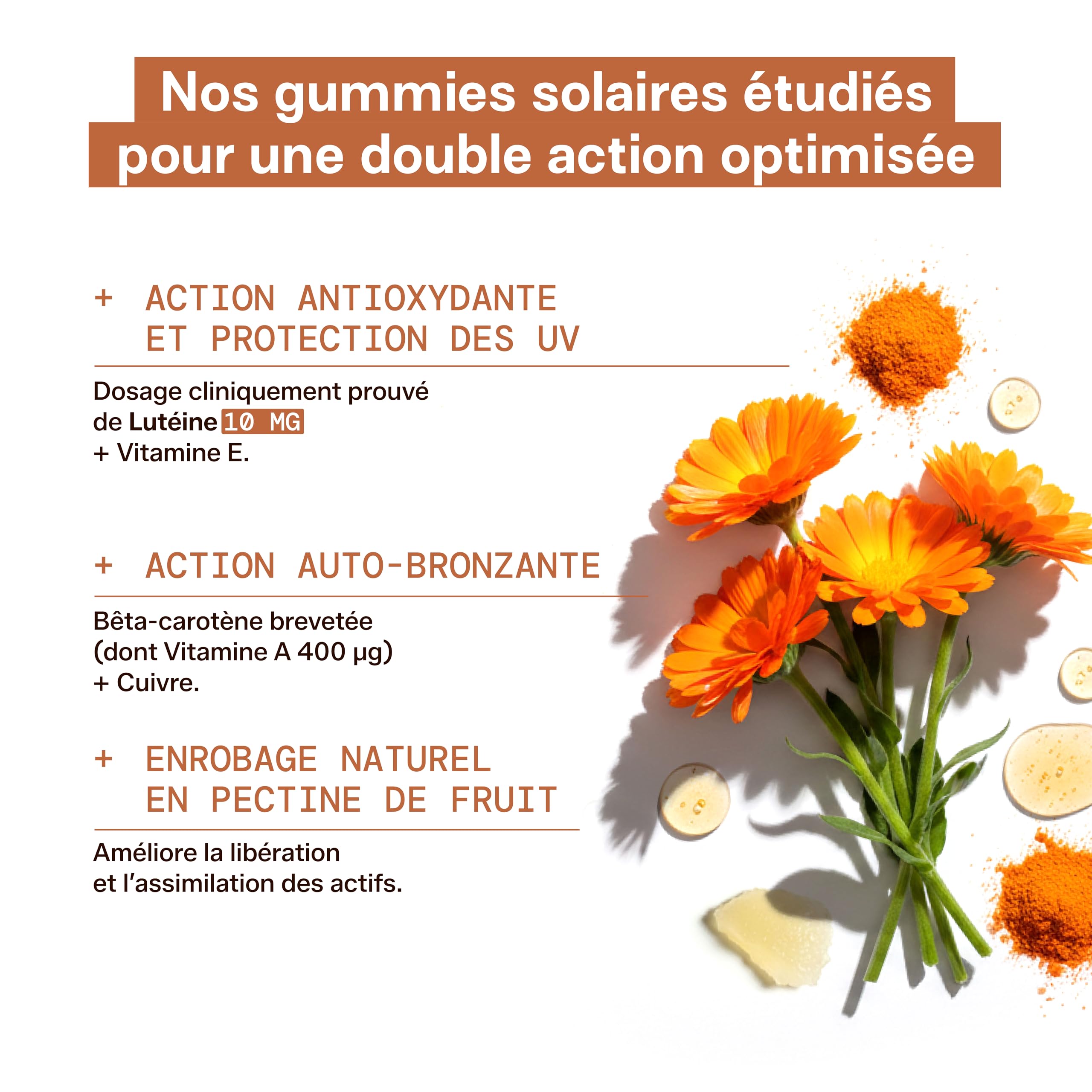 Mium Lab - Gummies Solaire - Complément Alimentaire Bronzage - Prépare la Peau au Soleil, Prolonge & Accélère bronzage - Bêta-carotène, Vit E, Cuivre - Sans Sucres - Cure 63J - Fabriqué en France