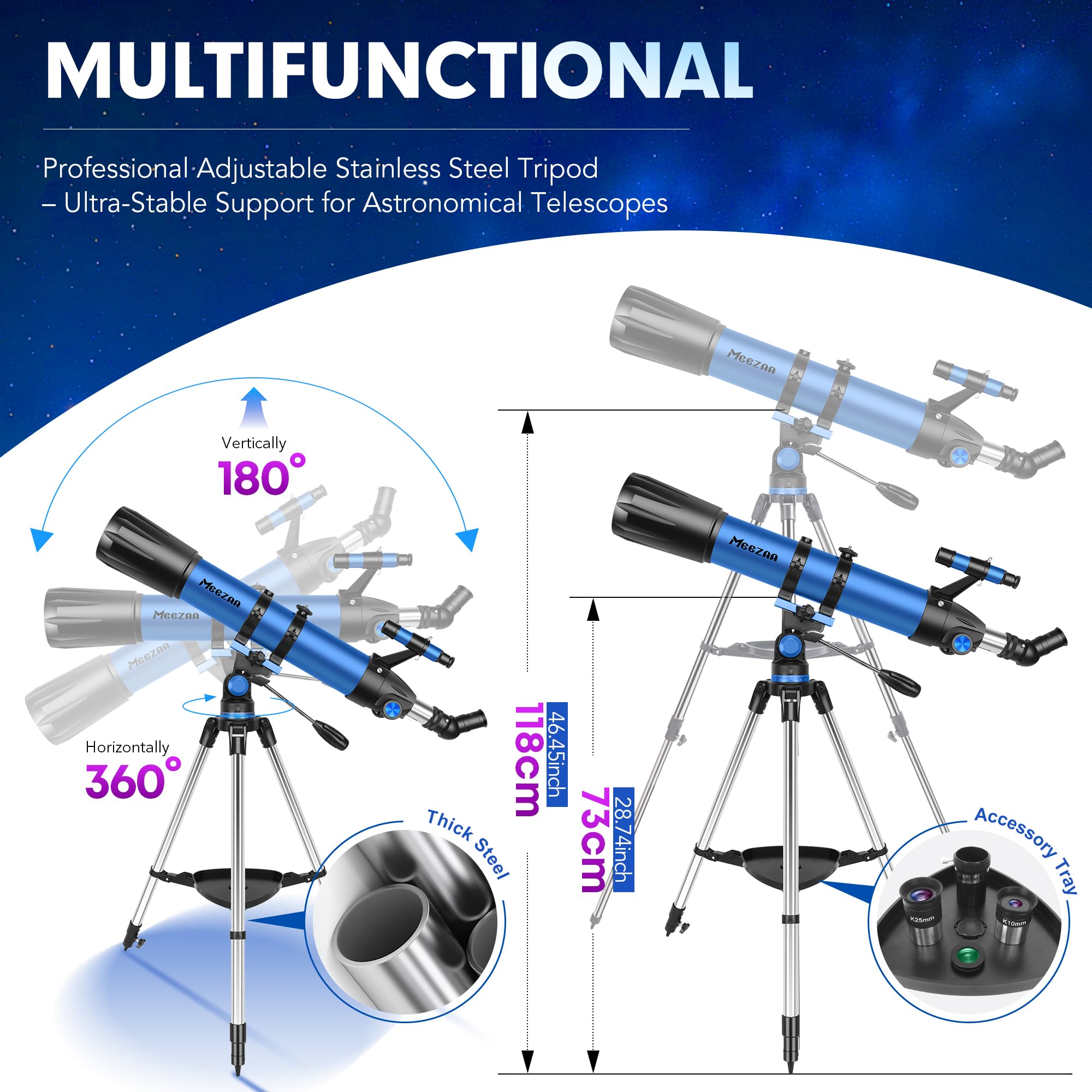 MEEZAA Télescope, Télescope Astronomique Adultes Enfants et Débutants, 90 mm Ouverture 800 Professionnel Télescopes Réfracteur avec Trépied, Sac de Transport, Adaptateur de Téléphone et Filtre Lunaire