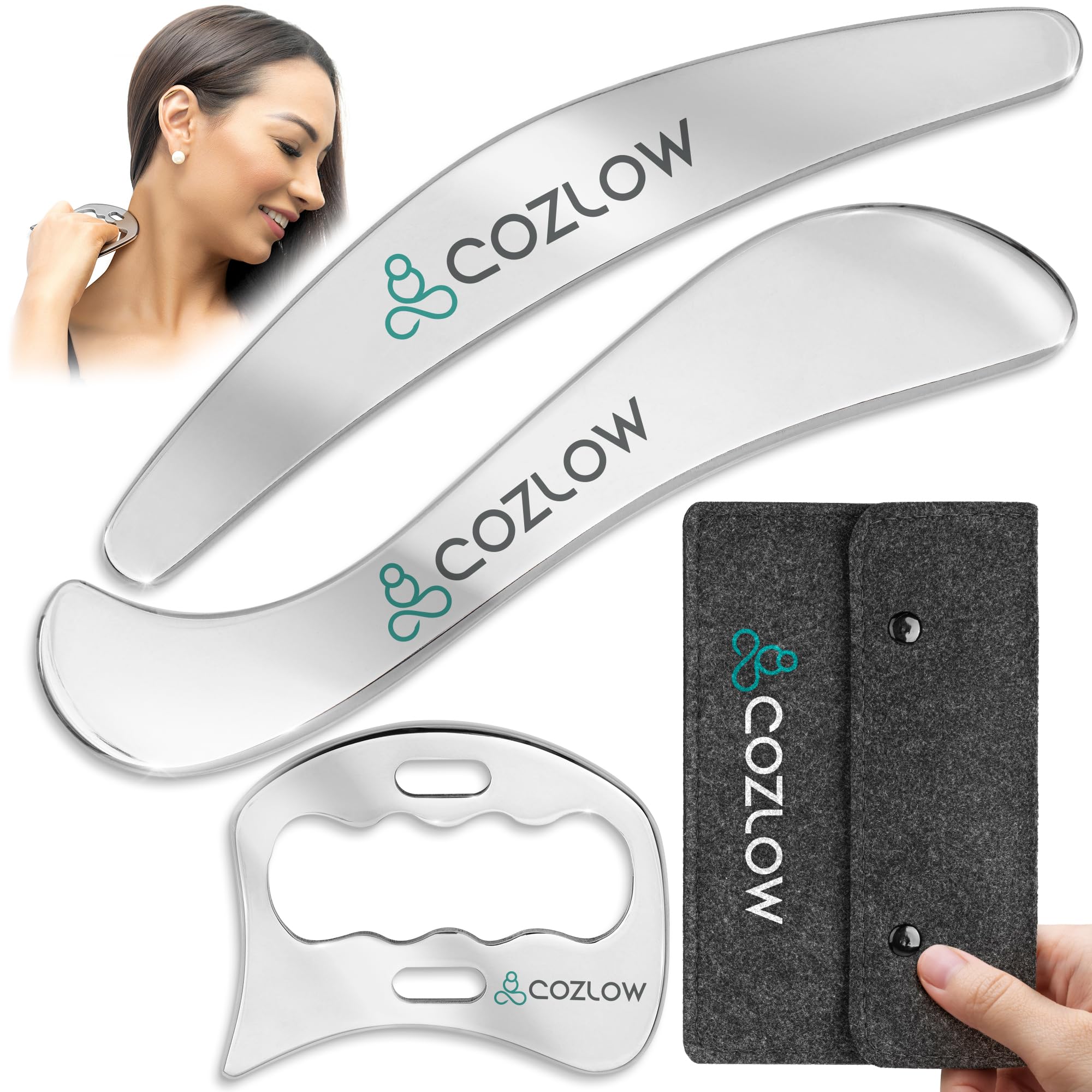 Cozlow 3 in 1 Stainless Steel Muscle Scraper Tool Set for IASTM Therapy Gua Sha