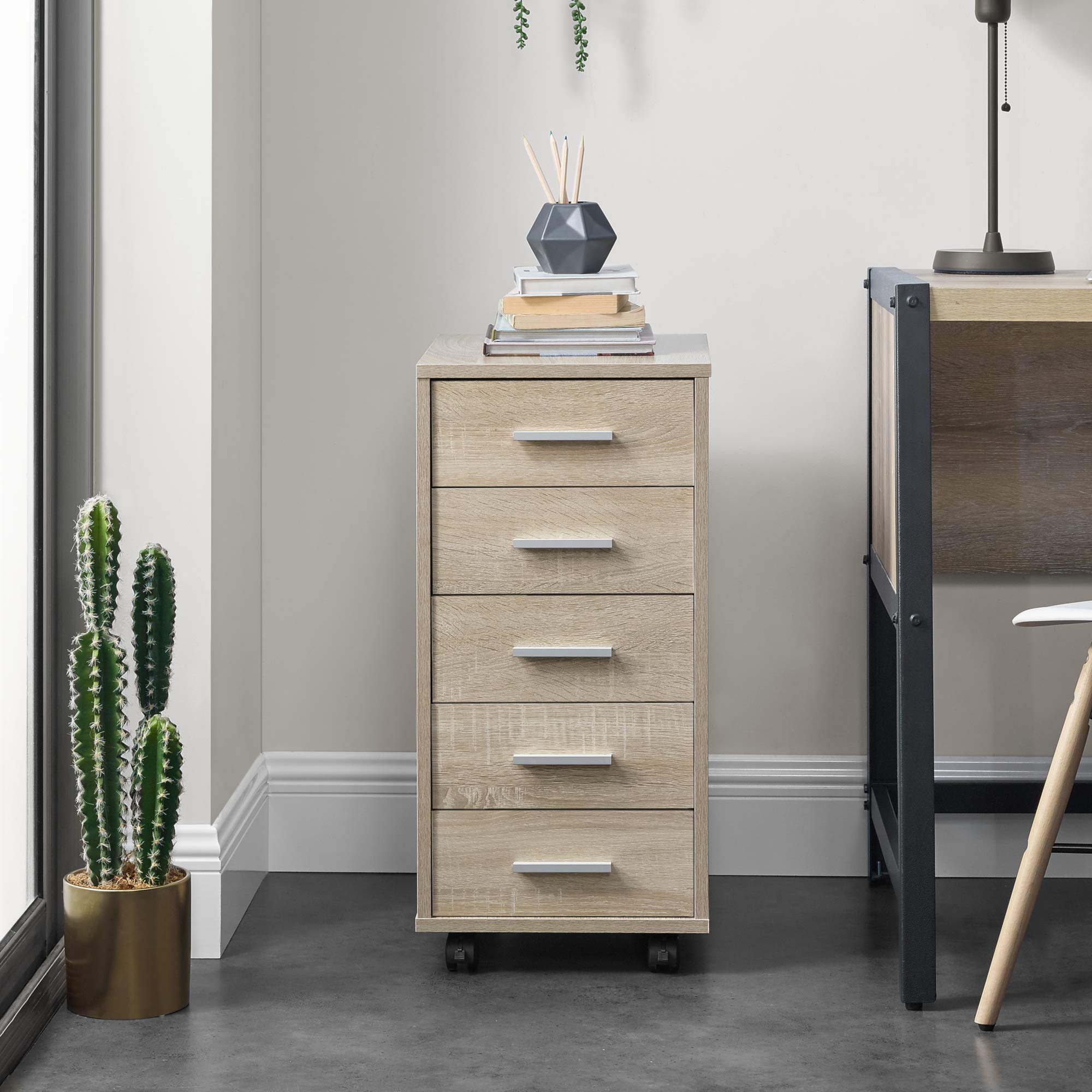 Cassettiera Da Ufficio Con Rotelle Optima, Rovere Ambra, 43x60x60 Cm, 3 Cassetti In Metallo Con Serratura, Già Montata