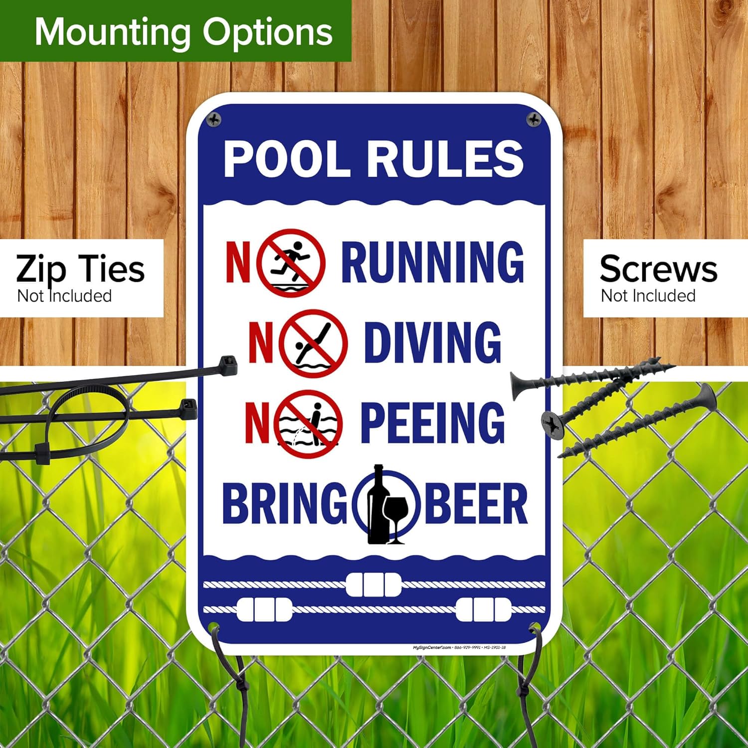Pool Rules No Running, No Diving, No Peeing, Bring Beer Sign, 12"x18" Polyethylene, Indoor/Outdoor Use, USA MADE By My Sign Center