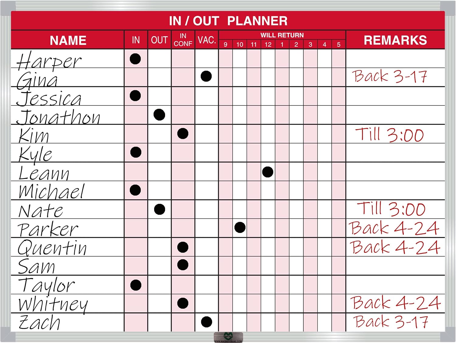 Magna Visual Magnetic Dry Erase in/Out Planner Kit (18" x 24" 15 Name, Red)