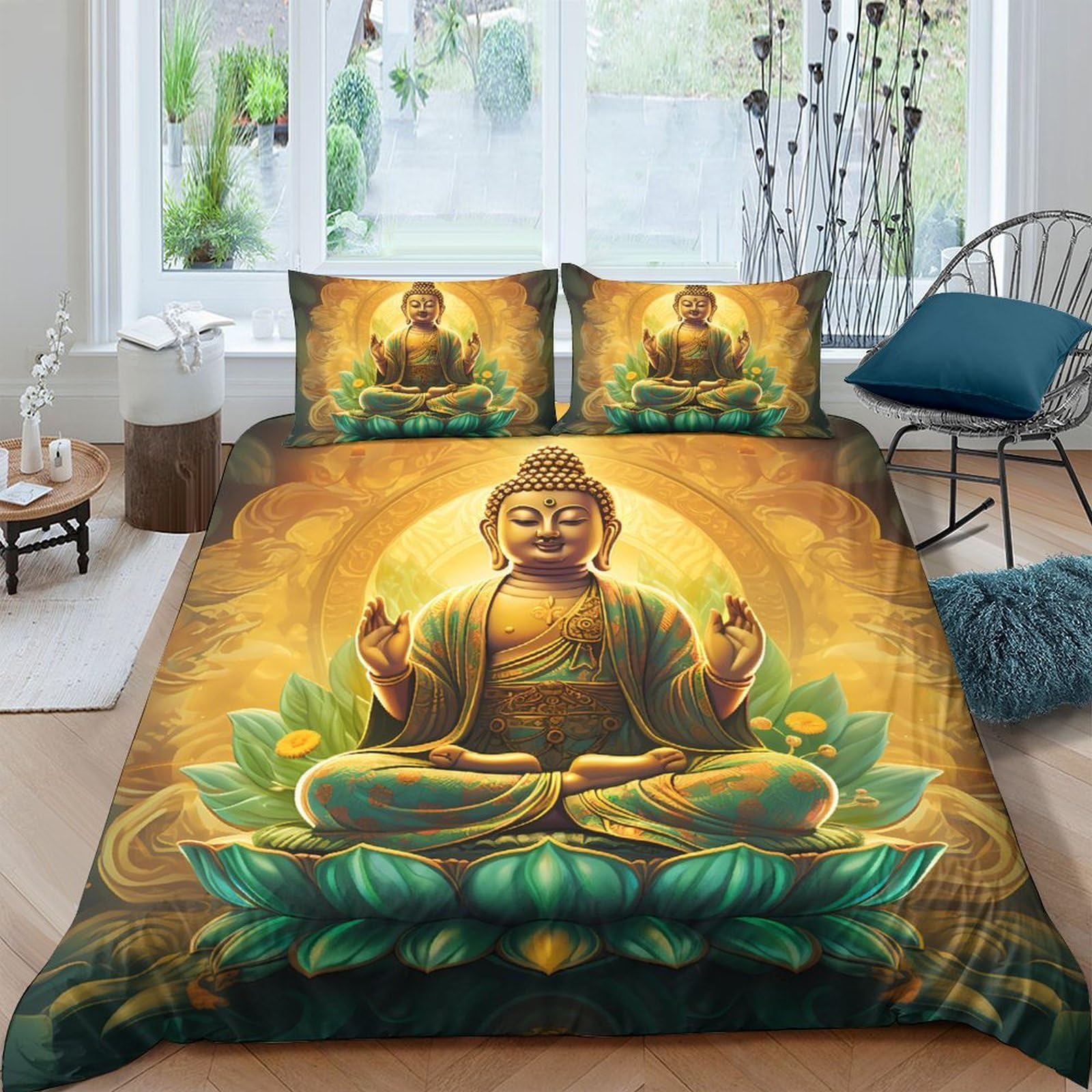 Ctjqhvkz Style-7 3D Printed Golden Buddha Fitted Sheet Microfiber Soft Lotus Mandala Bed Cover For Bedroom Dorm Mattress Protection Decor Single（135X200cm）