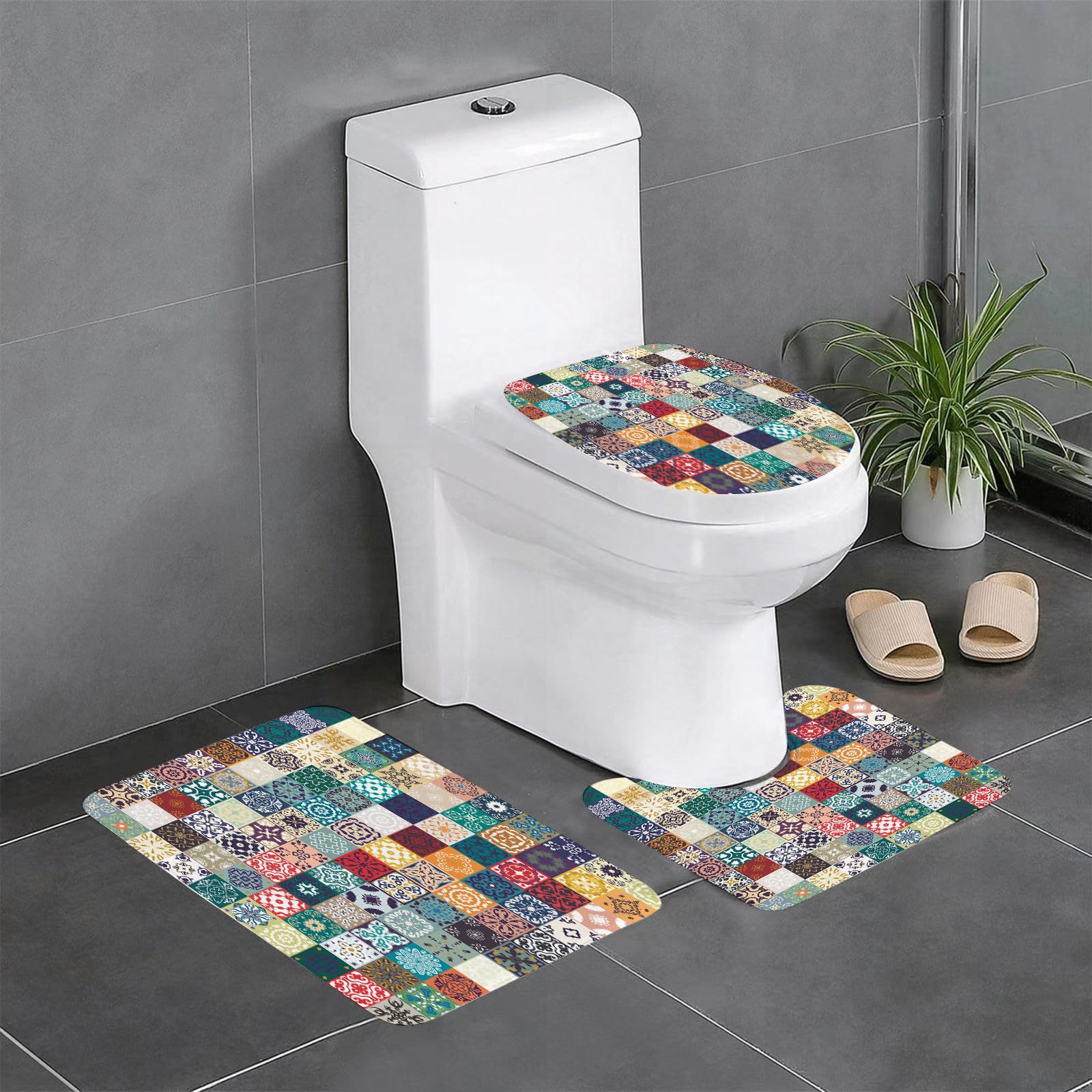 Set di 3 tappetini da Bagno, Lavabili in Lavatrice e Antiscivolo, in Morbida Fibra Superfine, con Vari Motivi Astratti.