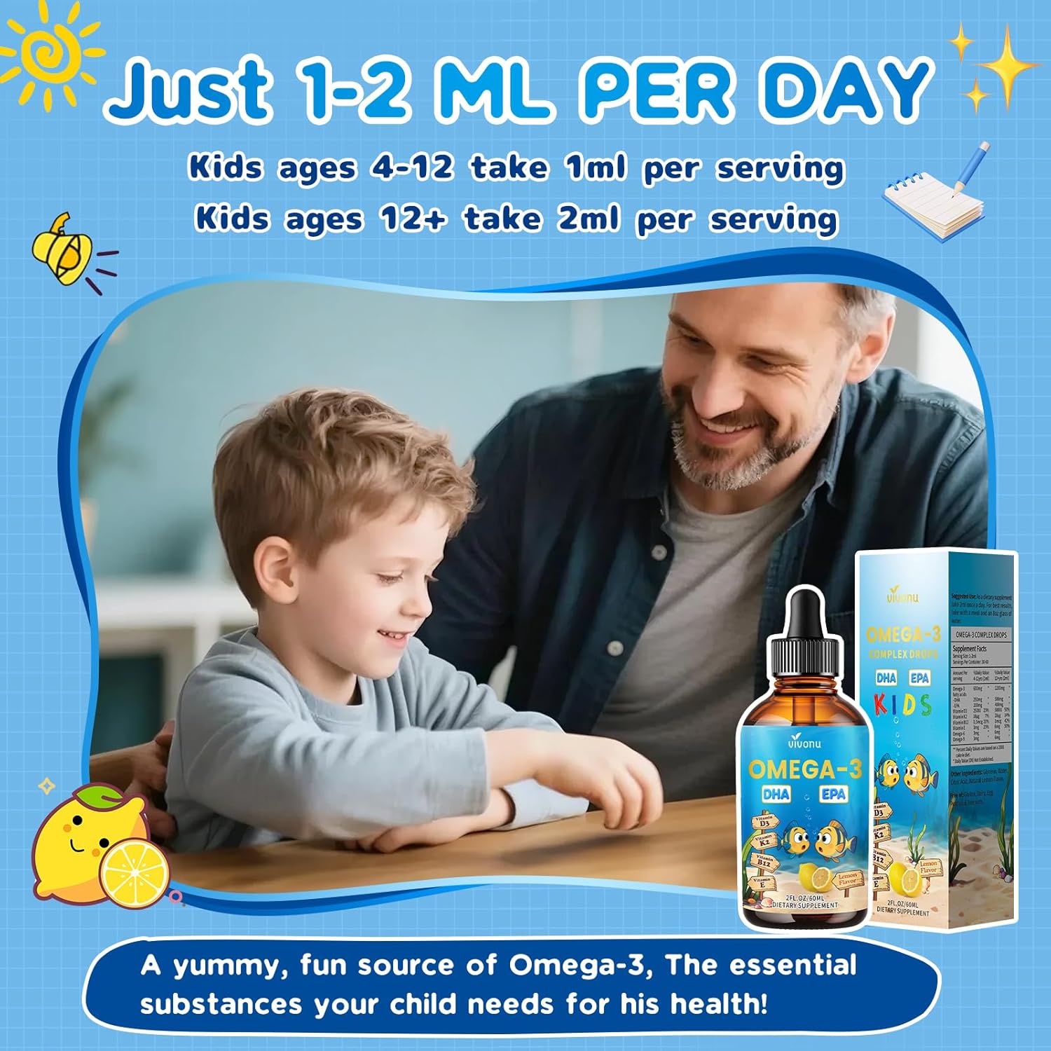 VivoNu Omega 3 for Kids, Children’s DHA Omega 3 6 9 Drops | 600mg Total Omega-3s with EPA & DHA| Brain Development & Mood, Learning - Non-GMO(2Fl Oz)