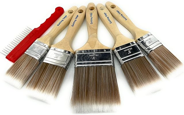 Cutting Edge 5-Brush Paintbrush Set with FREE Brush Comb - Professional Premium Quality - Ergonomic Beavertail Handle for an Easy Grip, SRT Synthetic Fibres, No Breaking-in Required 2x1.5"|2x2"|1x3"