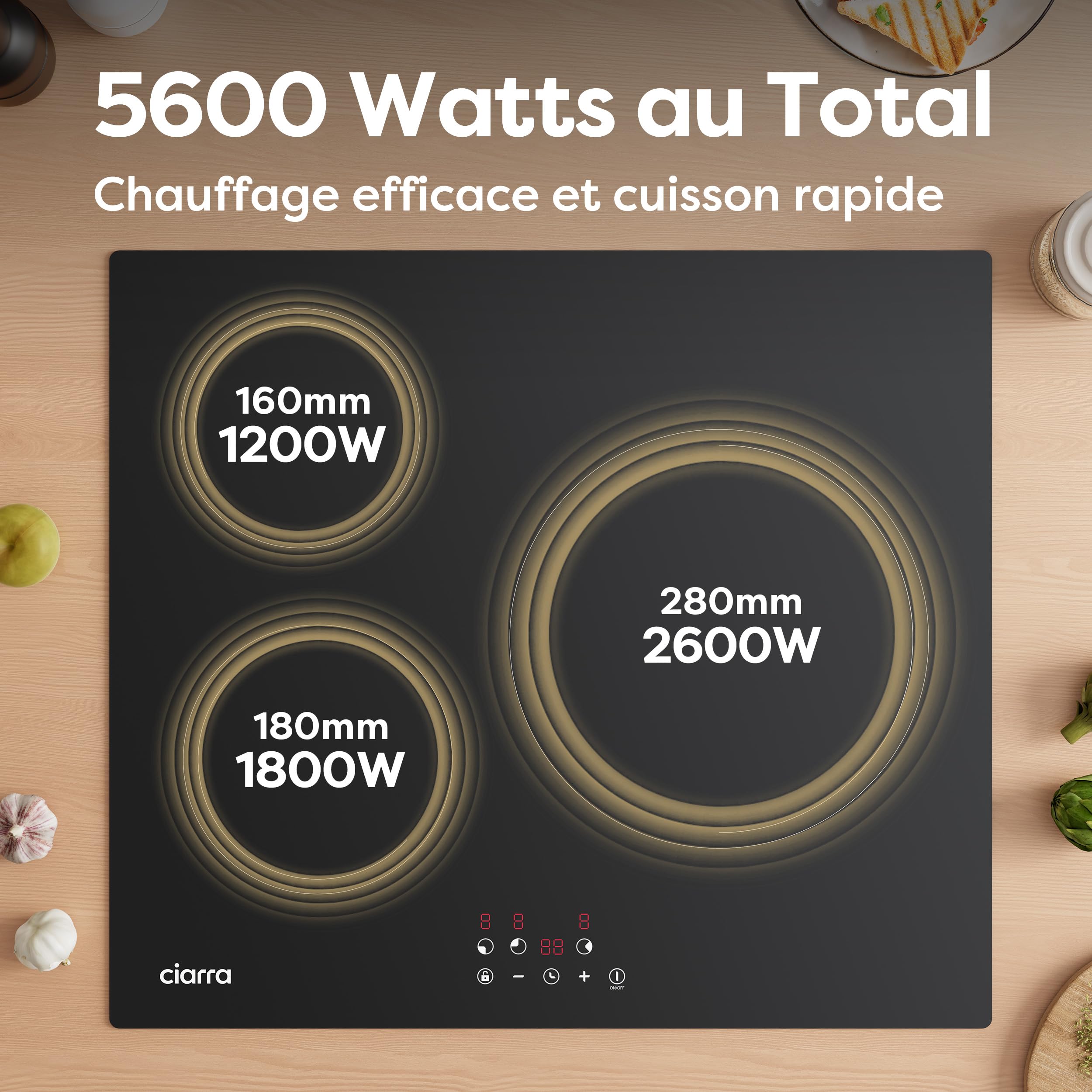 Ciarra Plaque Induction 3 Feux Encastrable 60cm | Commande Tactile, Minuteur, Sécurité Enfant, Arrêt Automatique, Détection Récipient