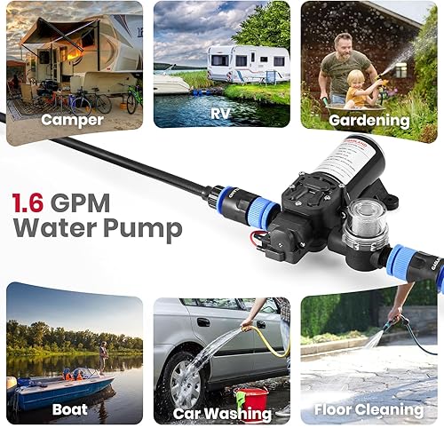 Miniatura 7 de GASLAND Kit de bomba de agua de 12 V, bomba de presión de agua de 1.6 GPM con interruptor de presión, bomba de diafragma autocebante de 65 PSI para