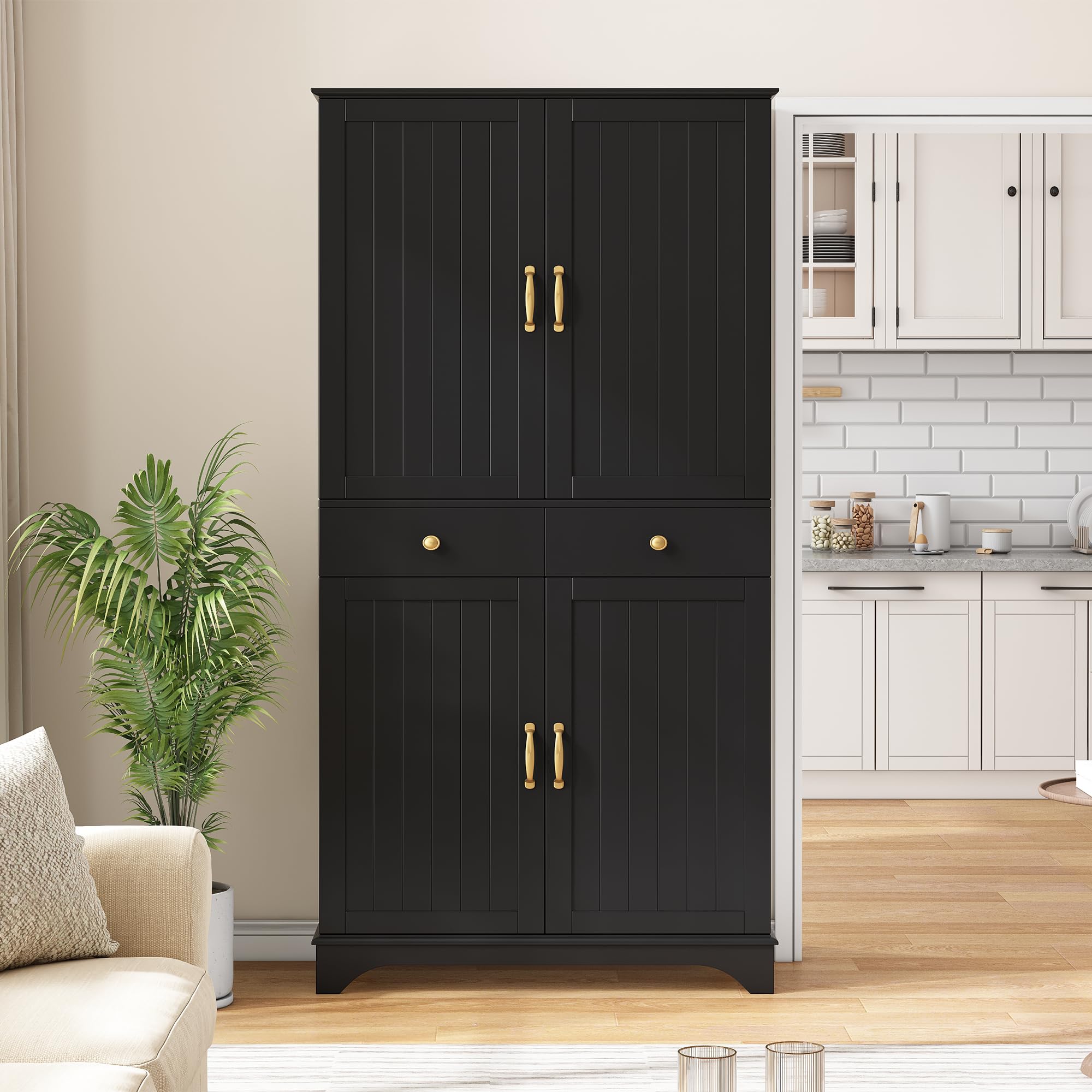 Armario alto con estantes ajustables y cajones, estantería con estantes extensibles y puertas de frigorífico, ideal para comedor, salón y cocina (negro)