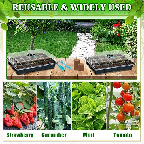 Miniatura 6 de Halatool Paquete de 2 bandejas de inicio de semillas con 50 pellets de coco, sistema de germinación de semillas de interior de invernadero para