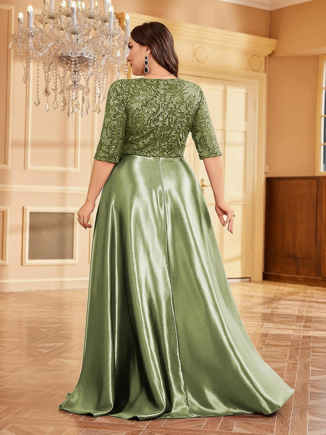 Plus Size Satin Evening Gowns Women Formal for Prom Party OR Wedding Long Sleeves V-Neck Mother of The Bride Dress - Image 2