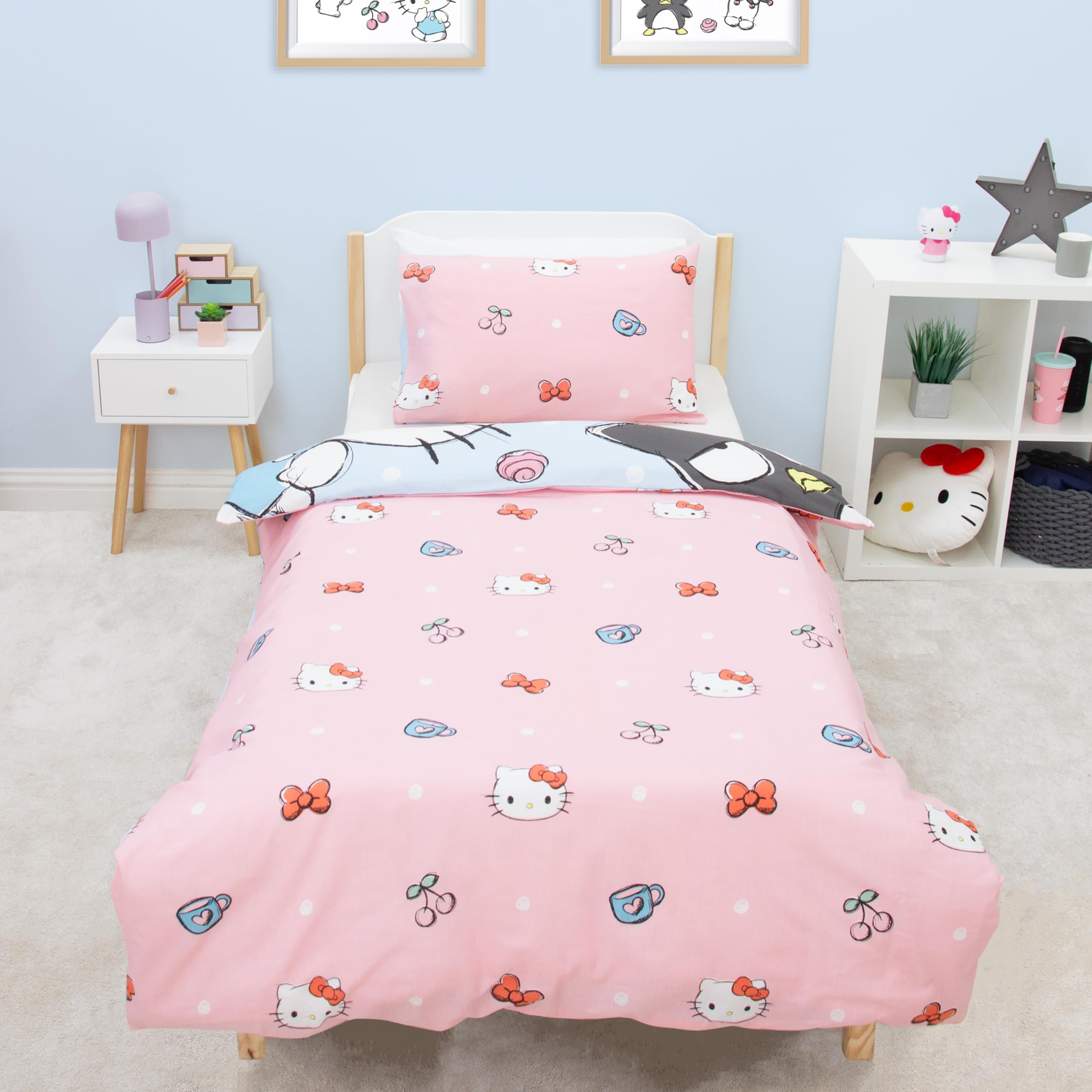 Hello Kitty oficjalny zestaw poszewek na kołdrę, wzór cukrowy, dwustronna, dwustronna, oficjalny towar zawierający pasujące poszewki na poduszki, polibawełna, wielokolorowy