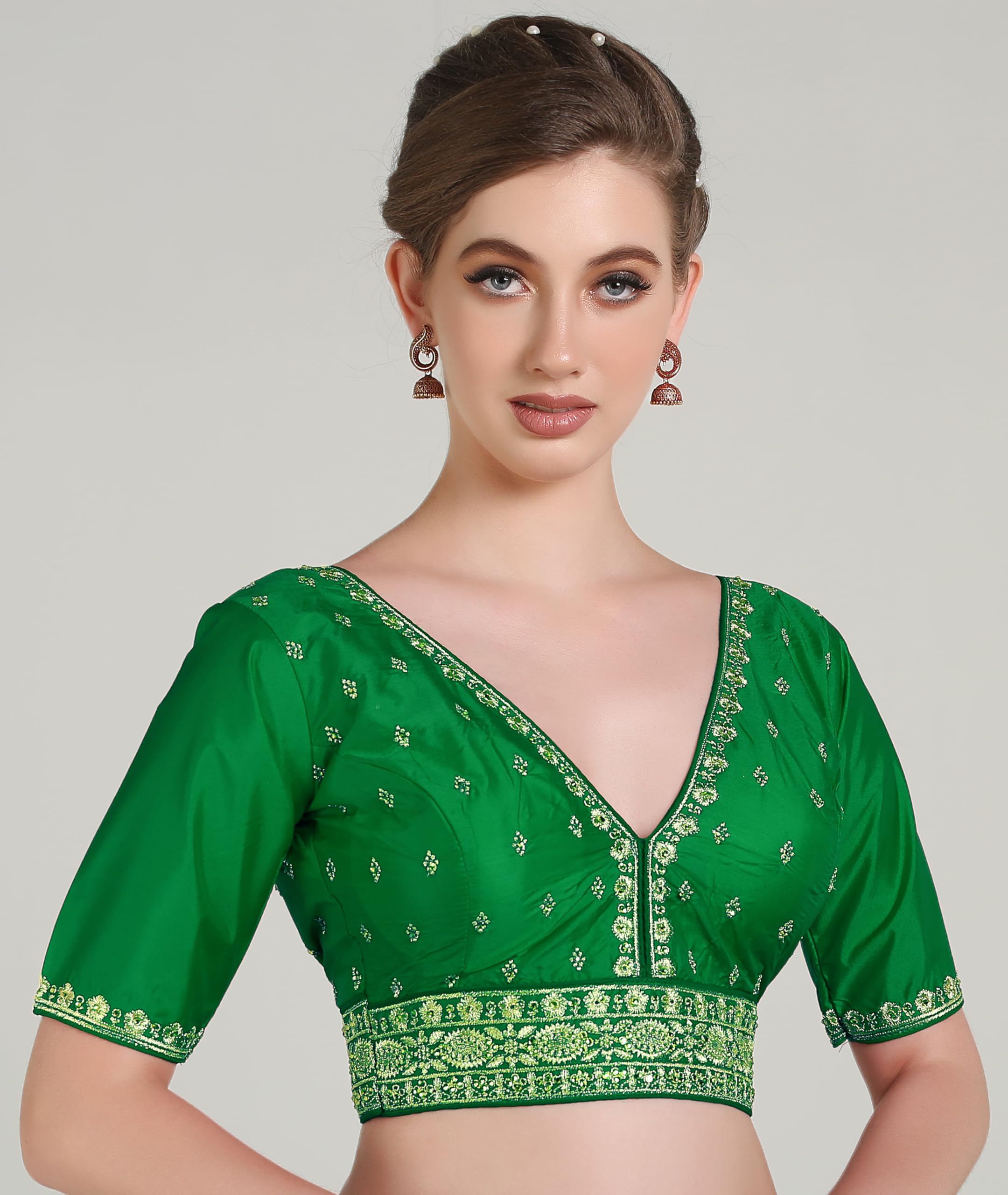 Pujia Mills Woman Readymade Ethnic Wear Deep V Neck Classic Butti Designer Half Sleeve Red Blouse Online Embroidery Zari Work With Diamond Work Border Sadi Blouse