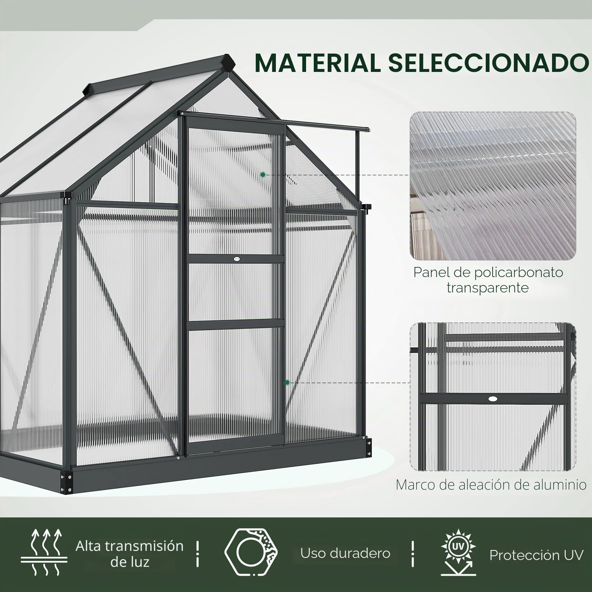 Outsunny Invernadero de jardín en policarbonato 2,51 m² Invernadero de jardín de aluminio resistente a los rayos UV 190 x 132 x 201 cm, con base reforzada, canalón, lucernario y puerta corredera, Gris