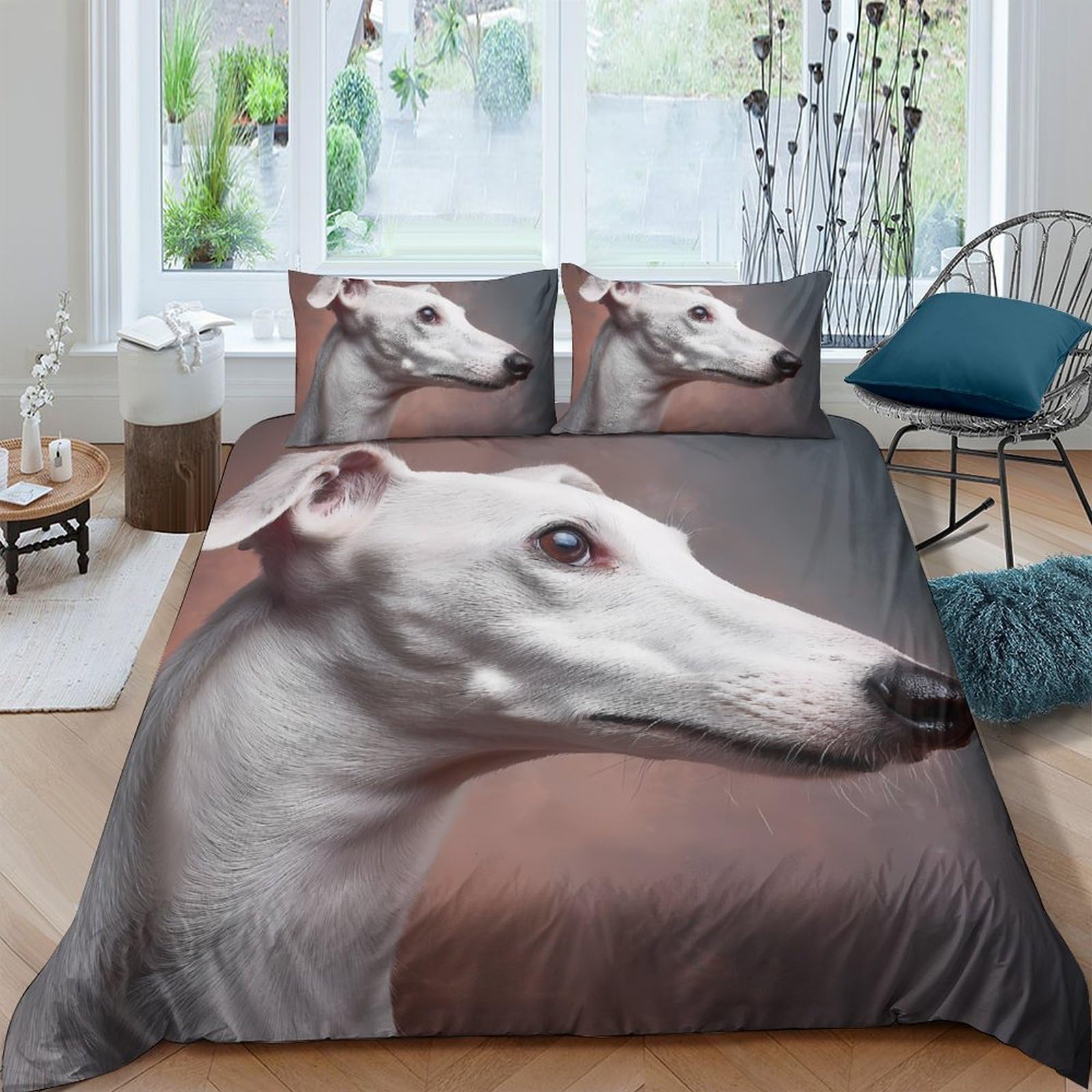 Ctjqhvkz Style-7 3D Printed White Greyhound Fitted Sheet Microfiber Soft Animal Portrait Bed Cover For Bedroom Guest Room Decor Single（135X200cm）