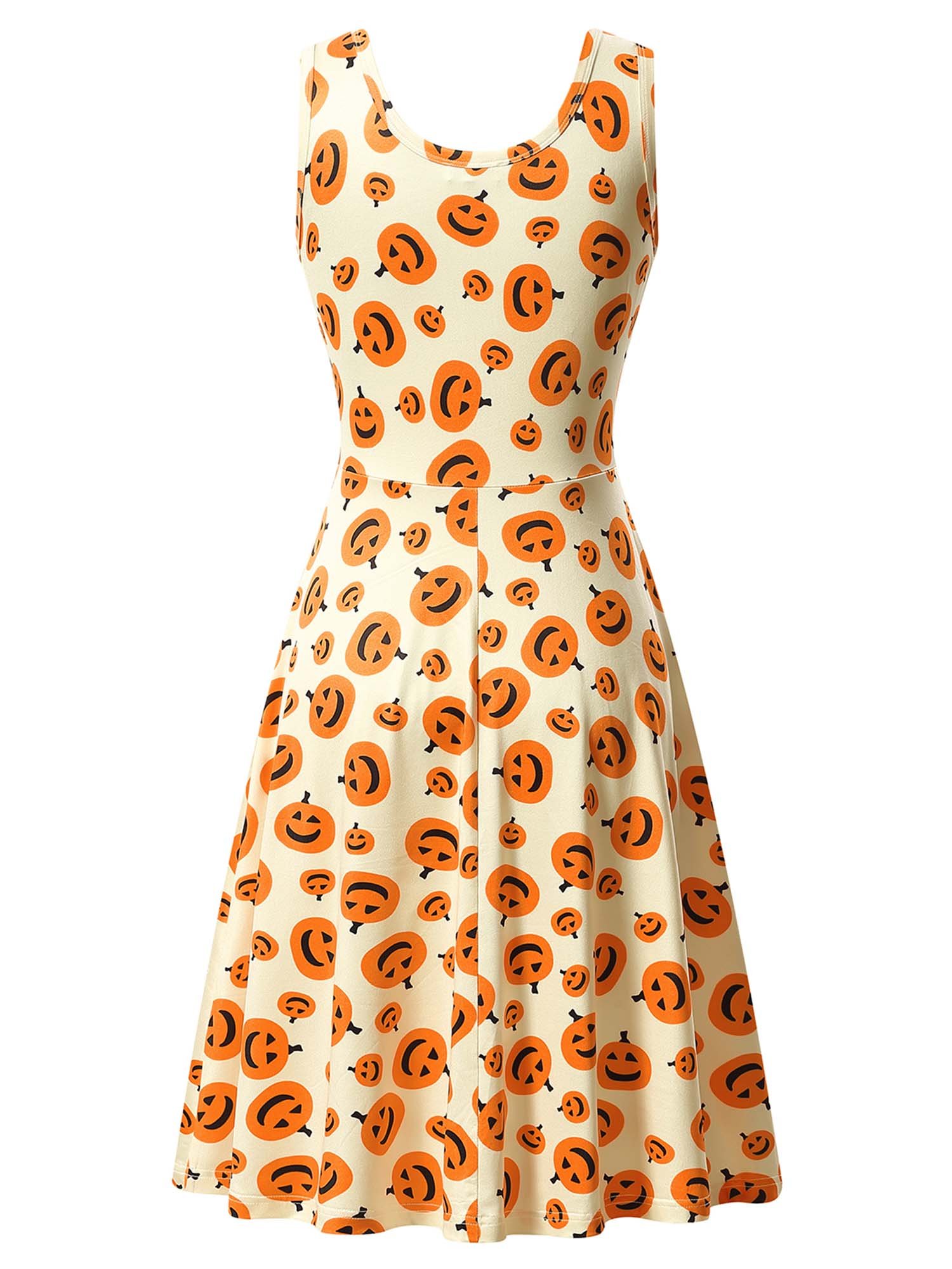 HUHOT Halloween Dress, Womens Sleeveless Round Neck A Line Pumpkin Midi Dress Large 17039-5