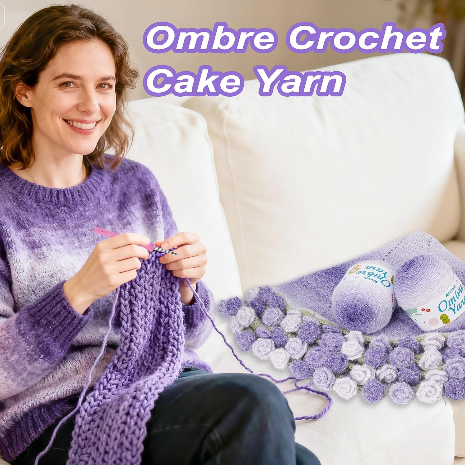 Alvian Ombre Crochet Cake Yarn for Crocheting, 2 Large Skeins Gradient Cake Yarn 200g (7.05 oz) 380m (415 Yards), Ombré Yarns Cake Rainbow Cotton Yarn for Blankets, Scarves, Shawls (Purple)