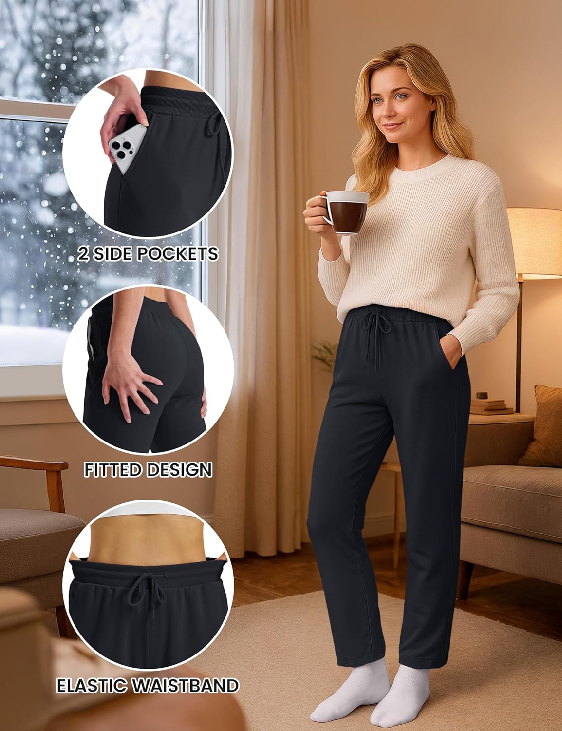 TACVASEN Women's Fleece Lined Sweatpants Winter Thermal Sherpa Pants with Pockets High Waisted Warm Cotton Lounge Casual - Image 5