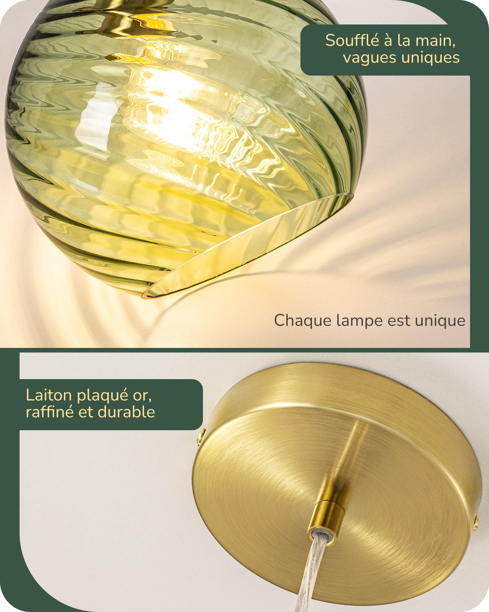 EDISHINE Suspension Verre Ondulé, Vert Menthe, Réglable 1,5 m