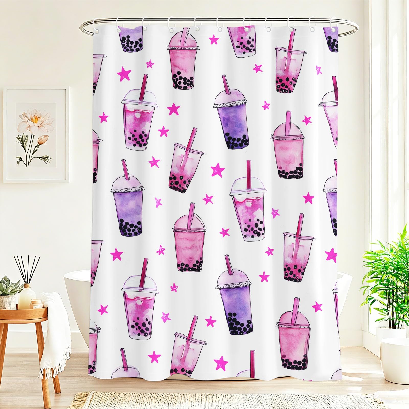 Genérico - Cortina de ducha con diseño de burbujas de té, 120 x 200 cm, antimoho, tela lavable linda estrella, cortinas de baño con ganchos, rosa