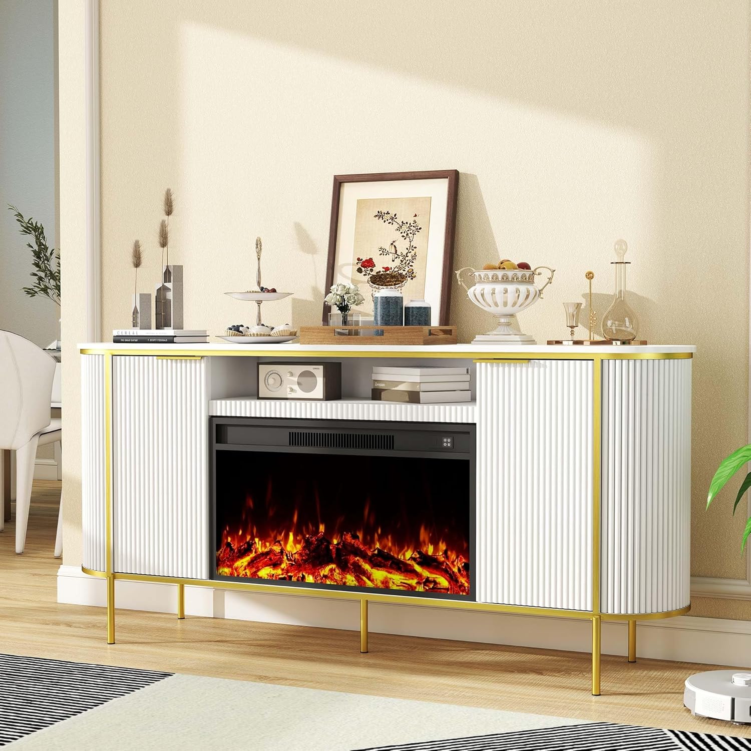 Luxury Fluted Fireplace TV Stand:70" Modern Chic Entertainment Center with Fireplaces for Living Room, Media Console Electric Fireplace with Storage,Off White (White, 70 inch TV Stand with Fireplace)