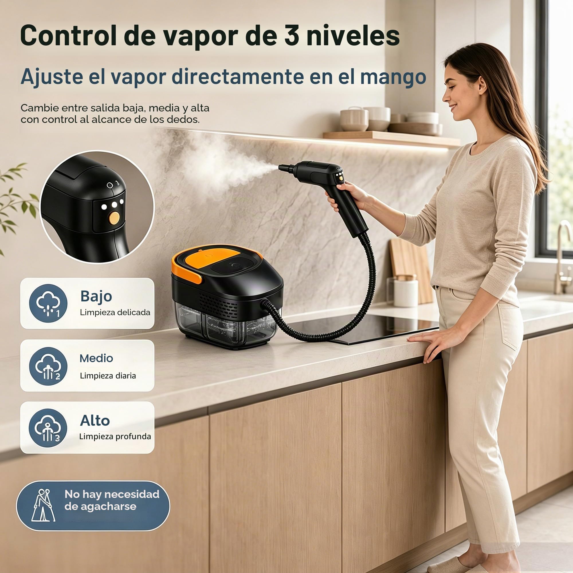 Vaporeta Limpieza Hogar 2500W, Vaporeta de Mano,Depósito de Agua 1600ML,Limpiador a Vapor Mango Regulable en 3 Niveles,Calentamiento Rápido 15s, para Coche, Cocina