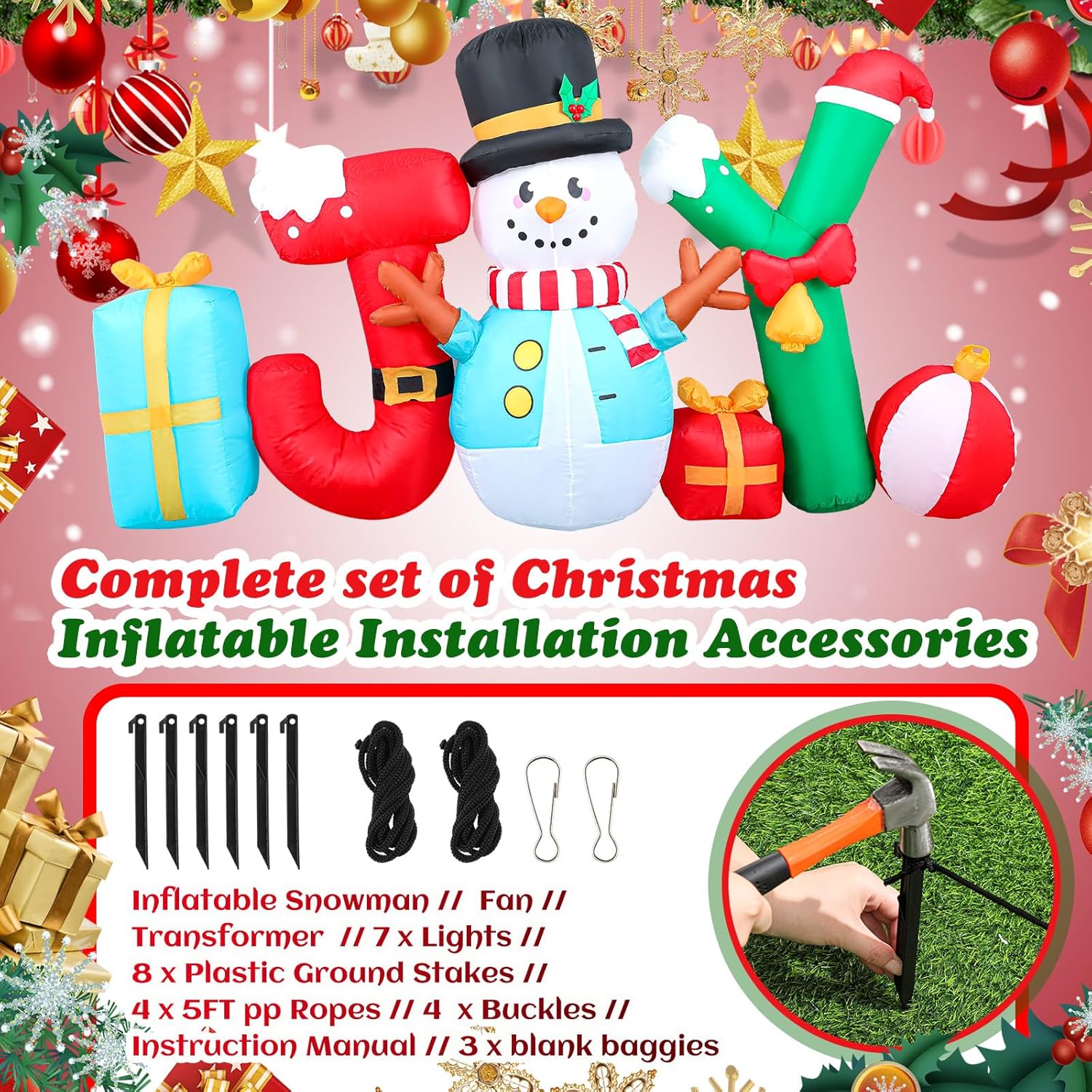 Realspring 8Ft Wide Joy Snowman Christmas Inflatables Outdoor Decoration, Giant LED Xmas Blow Up Yard Decoration Christmas Decorations Outdoor for Winter Party Decor Courtyard Lawn and Garden