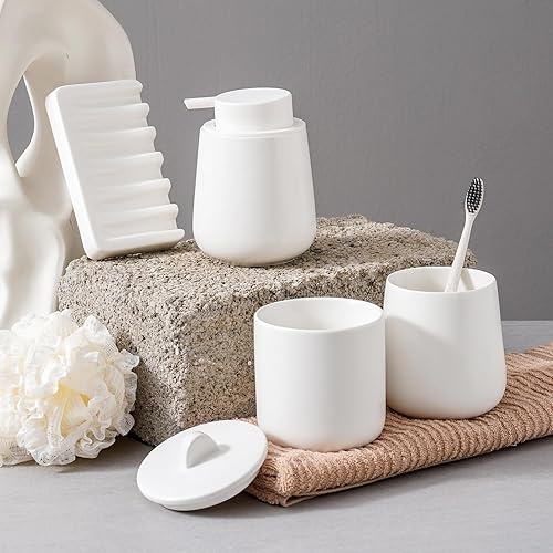 Miniatura 5 de Juego de accesorios de baño de cerámica, dispensador de jabón de loción y soporte para cepillos de dientes, jabonera, tarros de boticario, 4 piezas