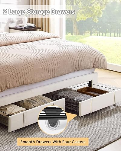 Miniatura 6 de Base de cama Queen con plataforma LED tapizada de terciopelo con almacenamiento de cabecero, cama Queen con estación de carga integrada con 2