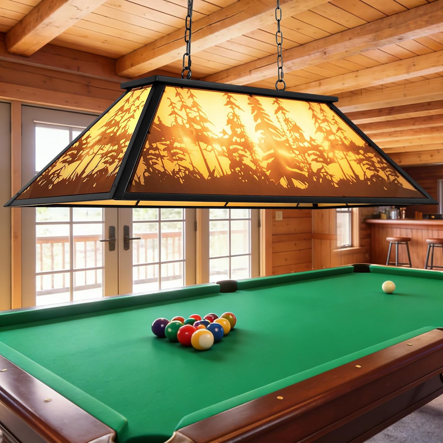 4-Light Rustic Pool Table Light, 43" Billiards Light Fixture for 7'-9' Pool Table Hanging Lamp, with Forest Pattern Billiards Light Transmittance Shade, Suitable for Game Room, Man Cave