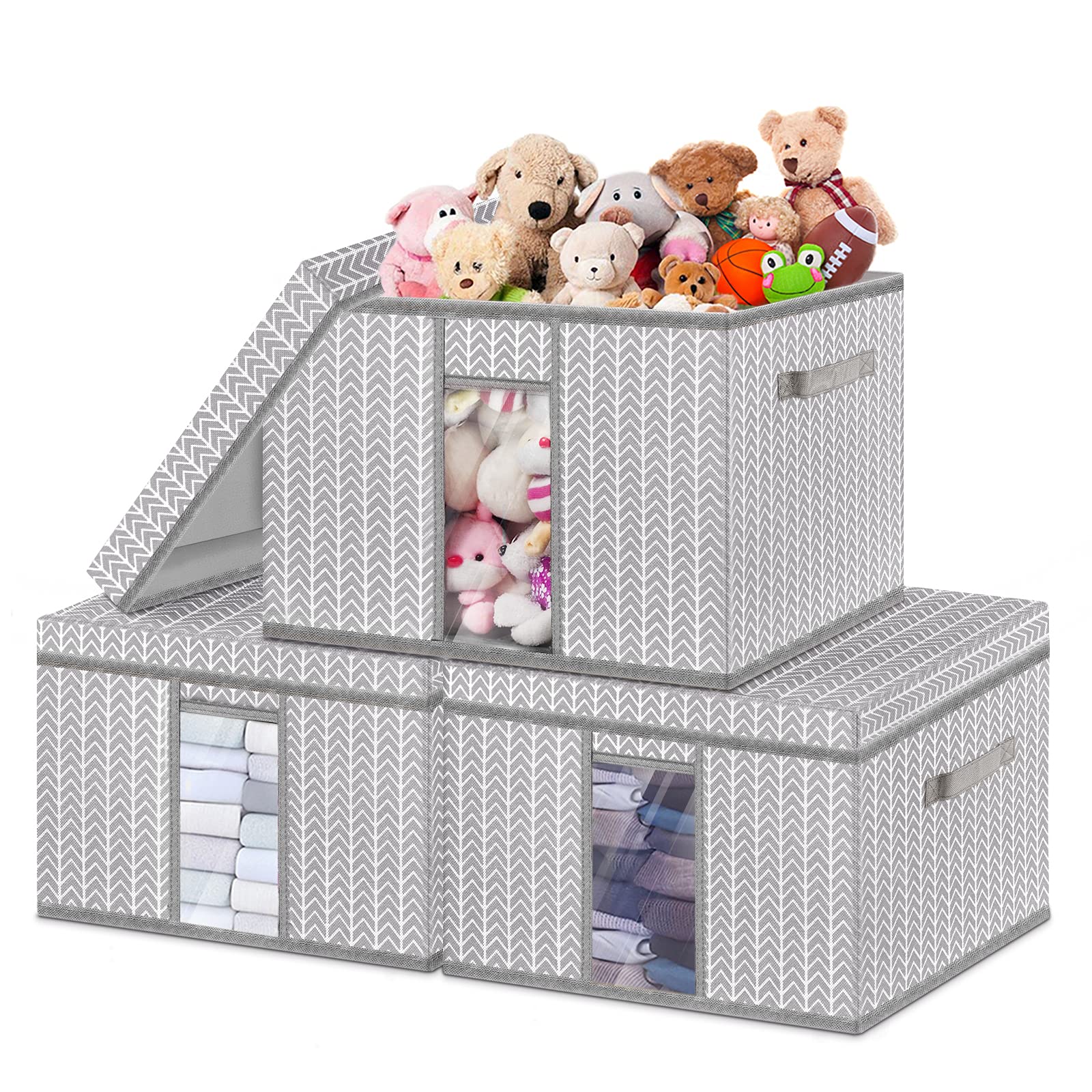 Foldable Storage Boxes Fabric with Lid Large for Bedroom,Kids Toys,Clothes,Shelves,Wardrobe,Books,Blanket,Closet,Collapsible Stackable Baskets Cube Organiser Containers Cardboard,3pcs Pack(Beige)