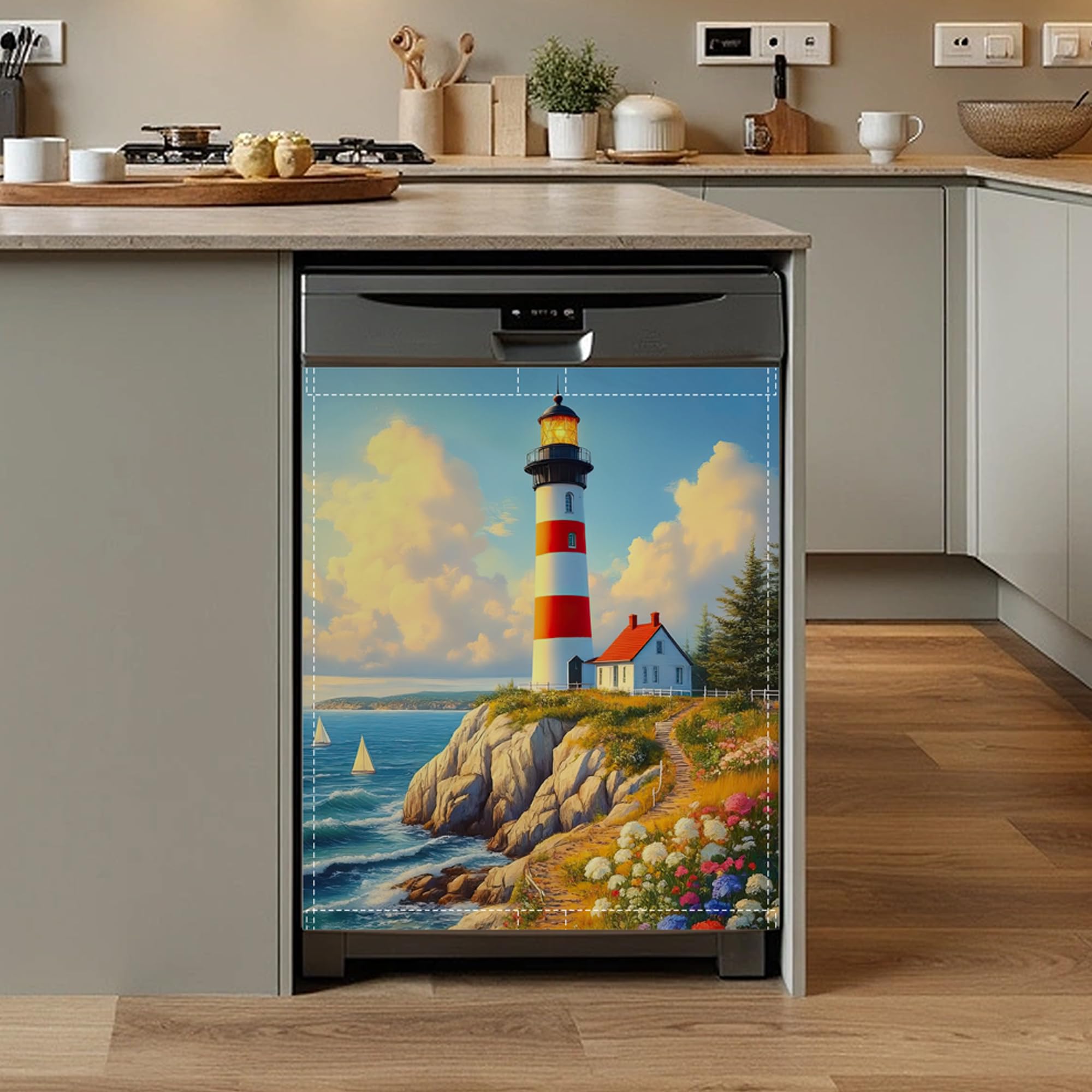 Lighthouse Sea Dishwasher Magnet Cover,Front Dishwasher Cover Decoration Reusable Decorative Magnetic Cover for Home Kitcen Appliance 23x26 Inch