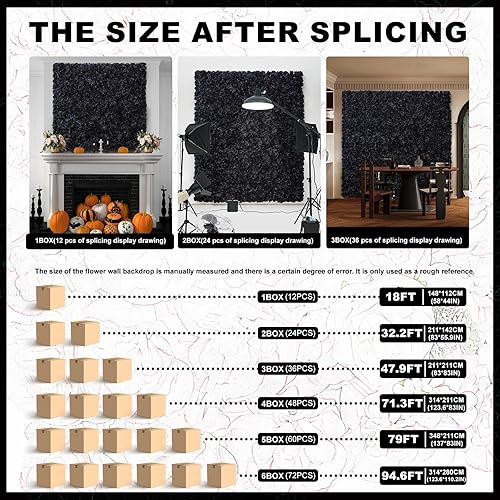 Miniatura 5 de Telón de fondo de pared de flores, 12 piezas de 16.5 x 16.5 pulgadas, panel de pared floral de rosa de seda artificial, decoración de pared ideal
