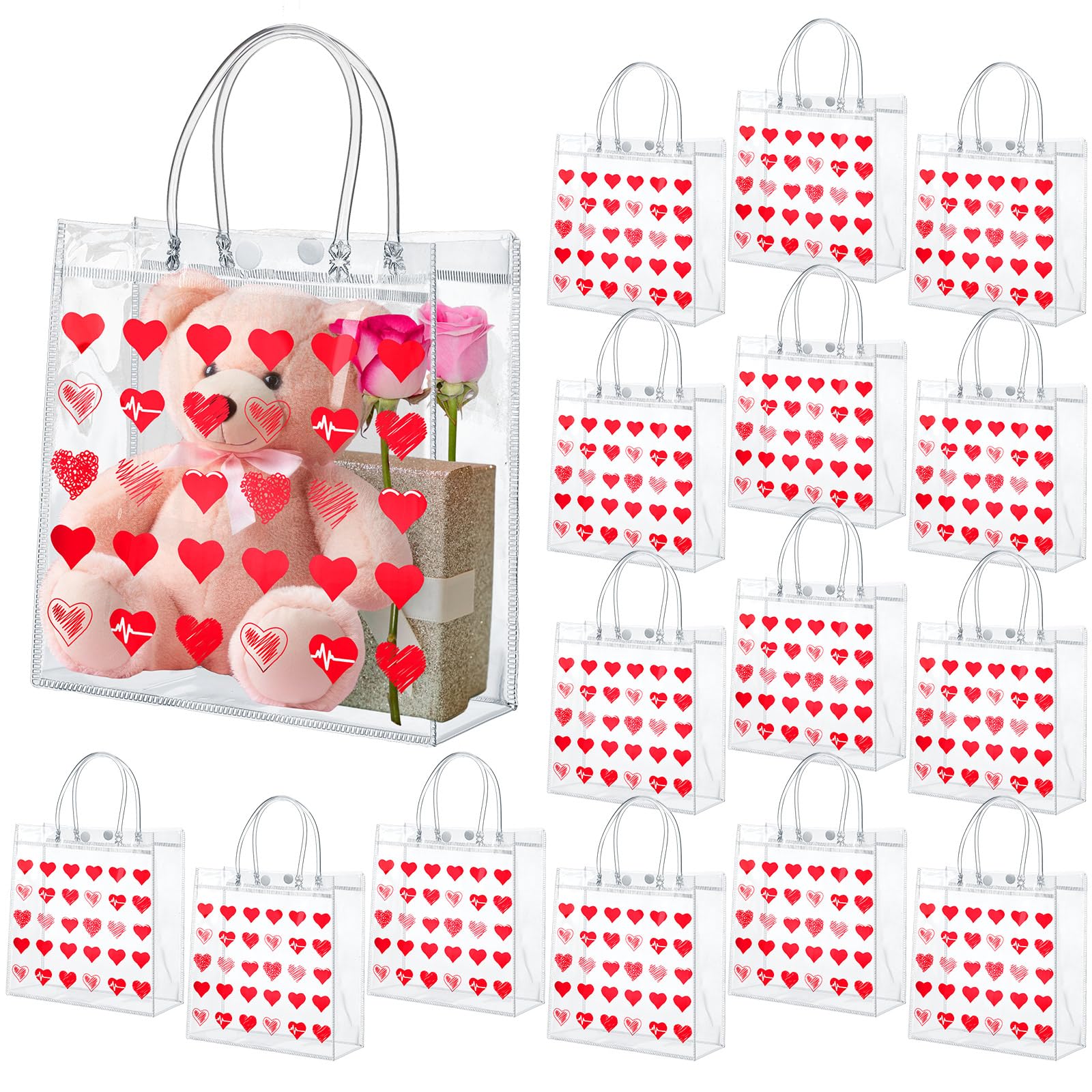 Uiifan 24 Valentines Day Clear PVC Gift Bags Valentines Transparent Heart Sayings Gift Bags with Handle Galentines Day Gifts Reusable Wrap Tote(Red)