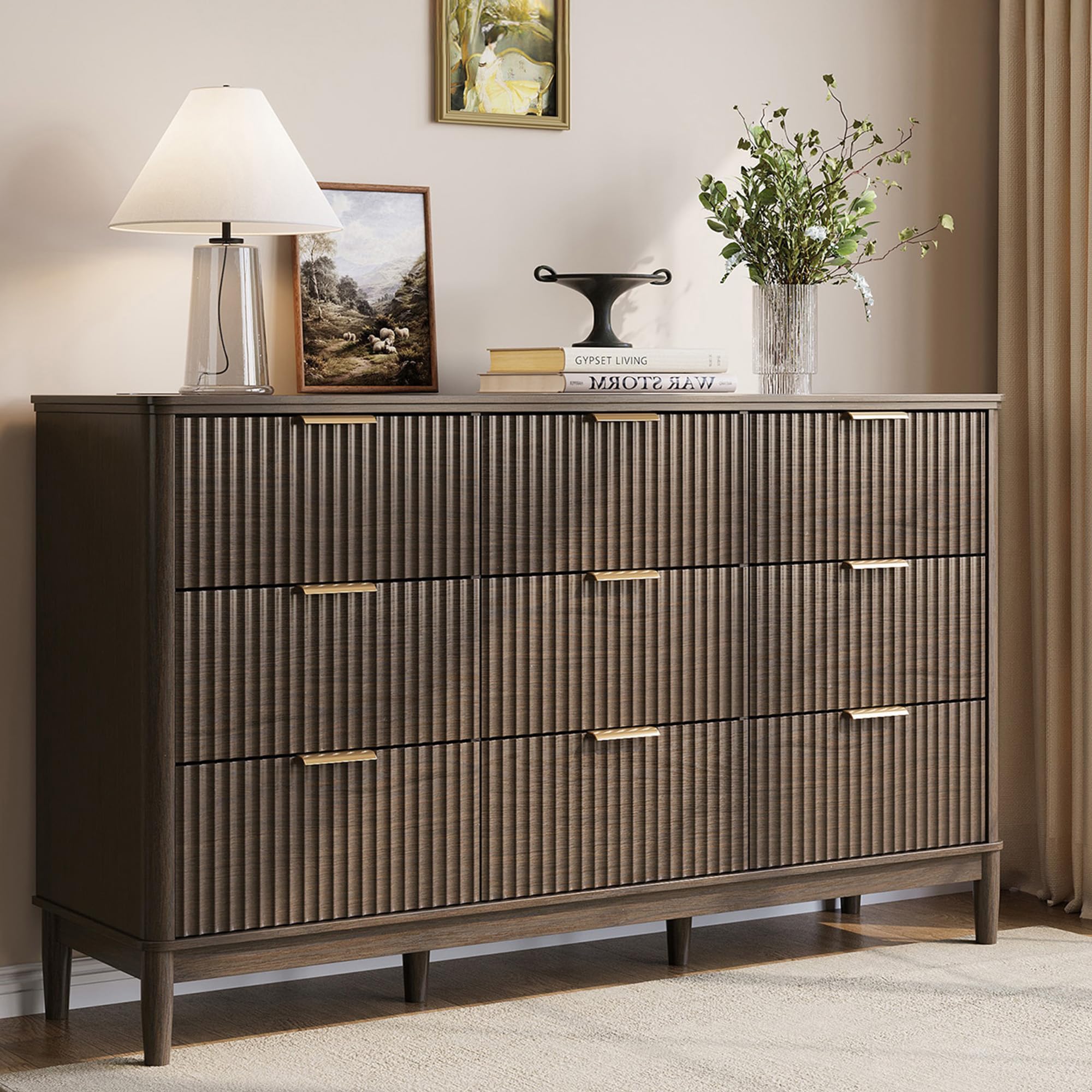 LINSY Fluted 9 Drawer Dresser for Bedroom, 58
