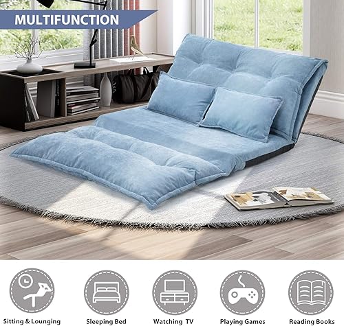 Miniatura 4 de Harper & Bright Designs Sofá cama ajustable perezoso, colchón plegable futón con 2 pollows, azul